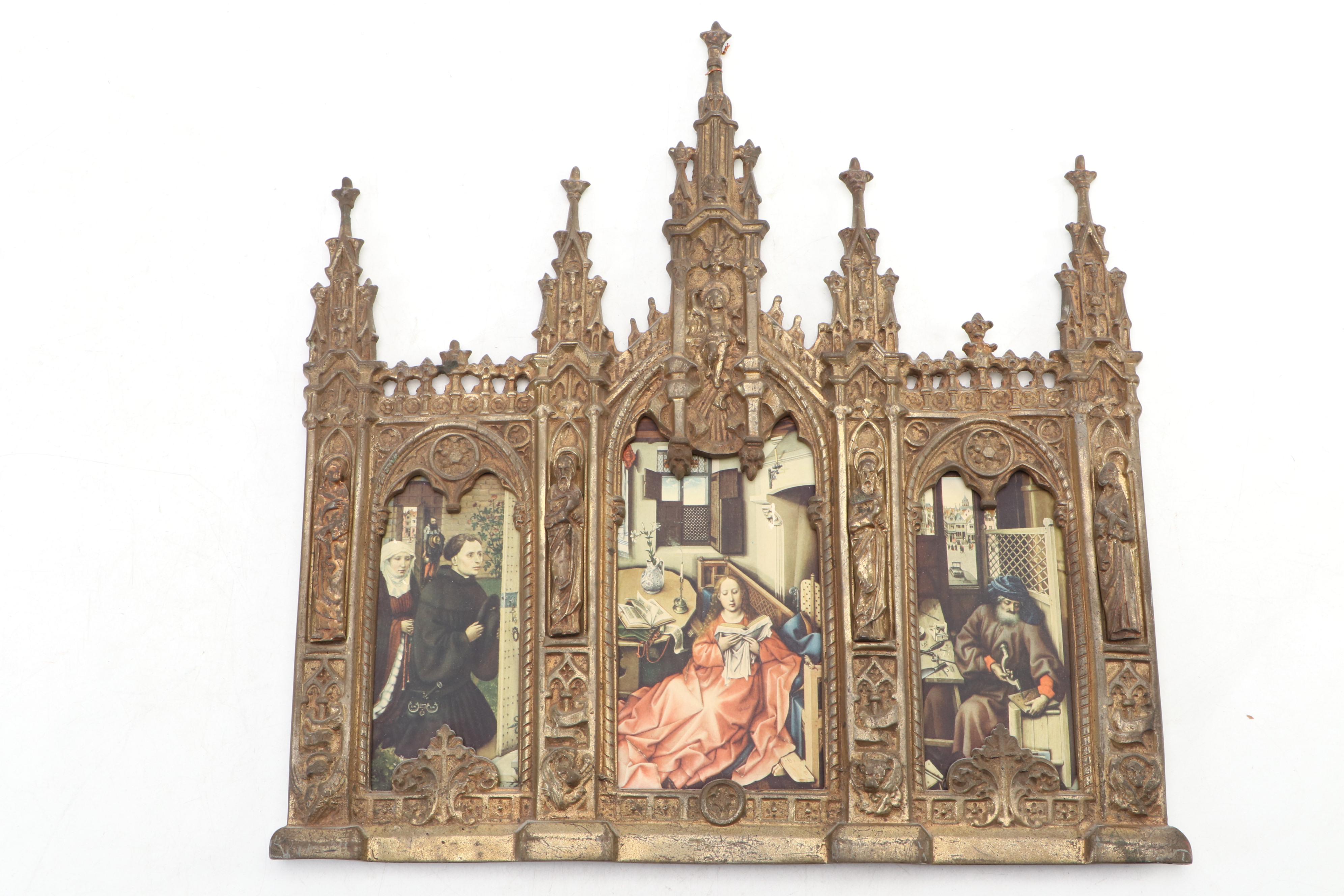 Gothic Revival Triptych and Framed Manuscripts
