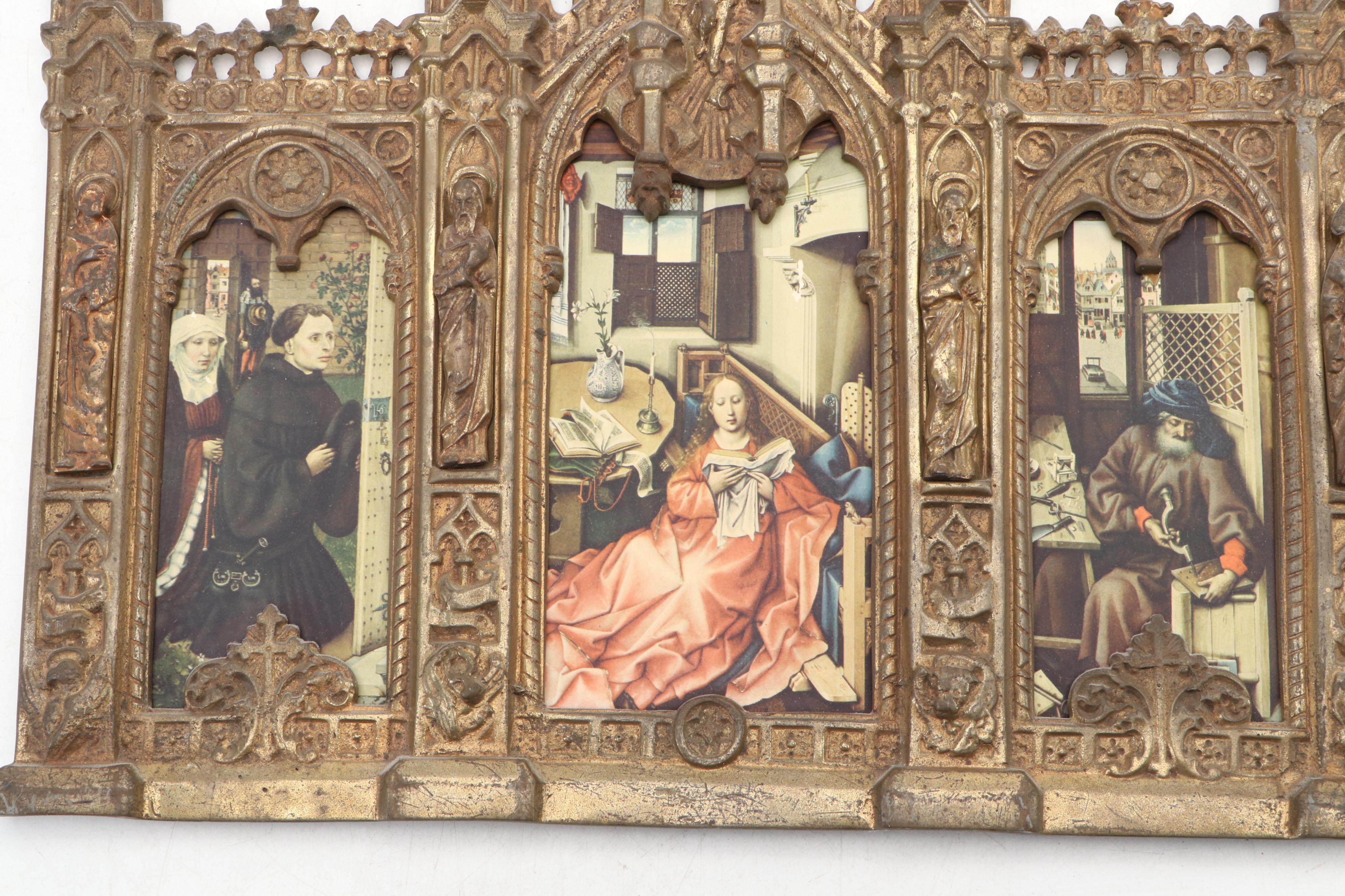 Gothic Revival Triptych and Framed Manuscripts