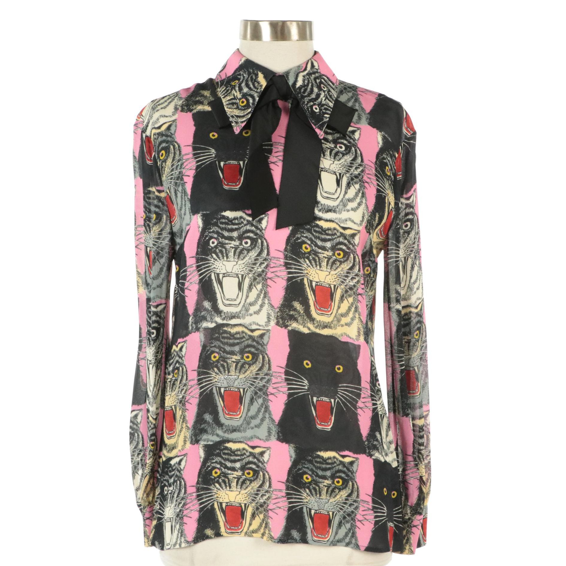 Gucci Panther and Tiger Print Blouse with Flat Bow