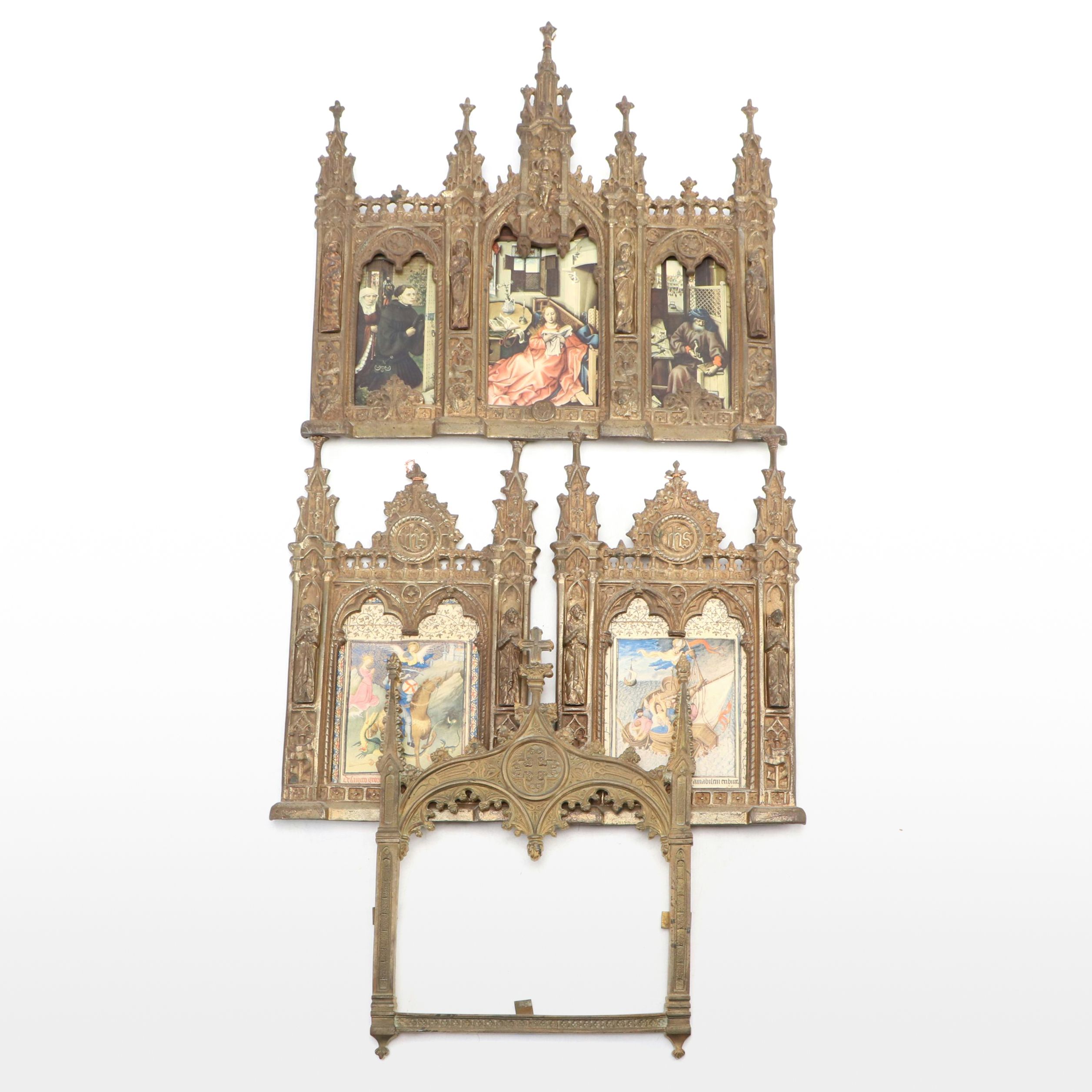 Gothic Revival Triptych and Framed Manuscripts