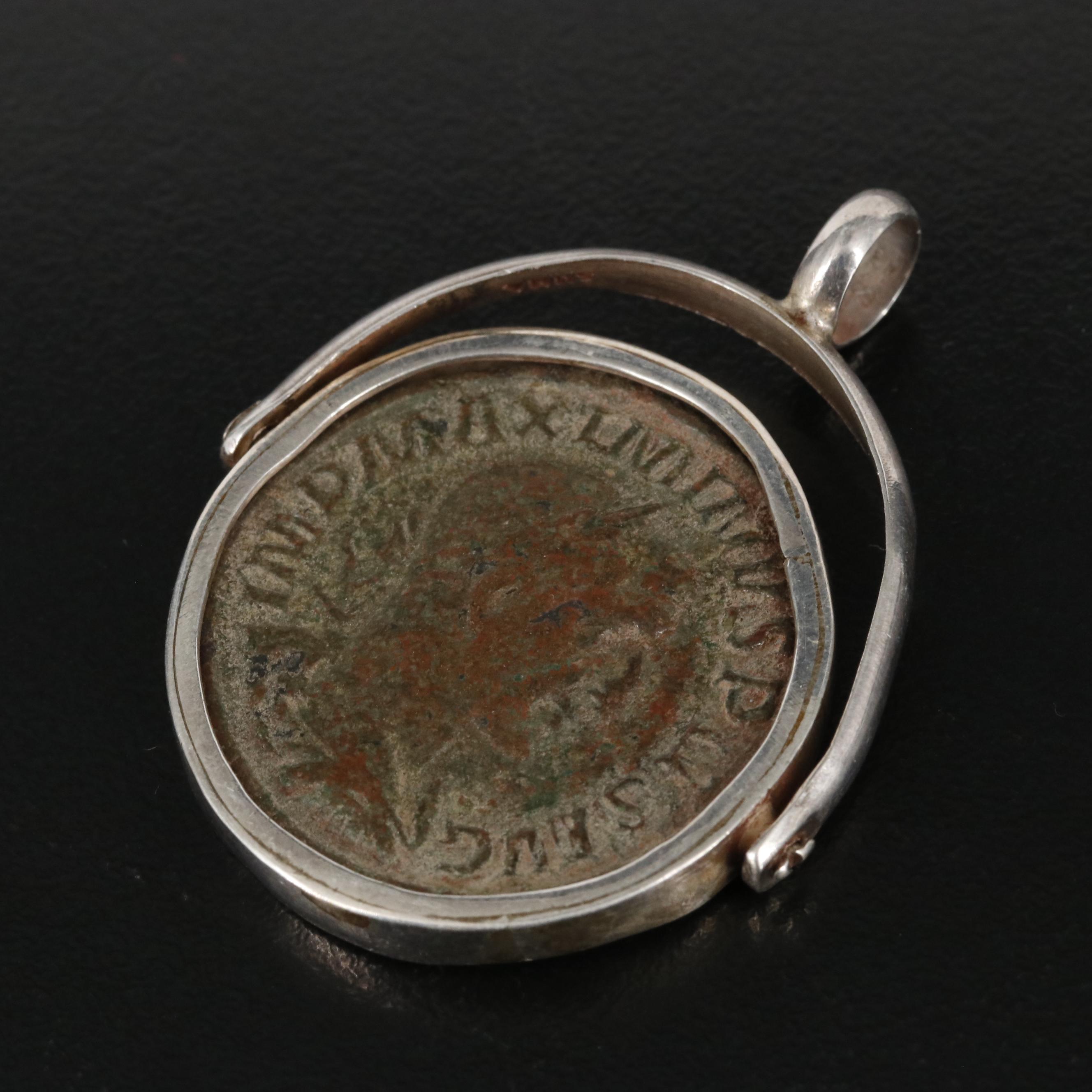 Ancient Roman Sestertius Coin of Maximinus I, c. 235 A.D. in  950 Silver Pendant