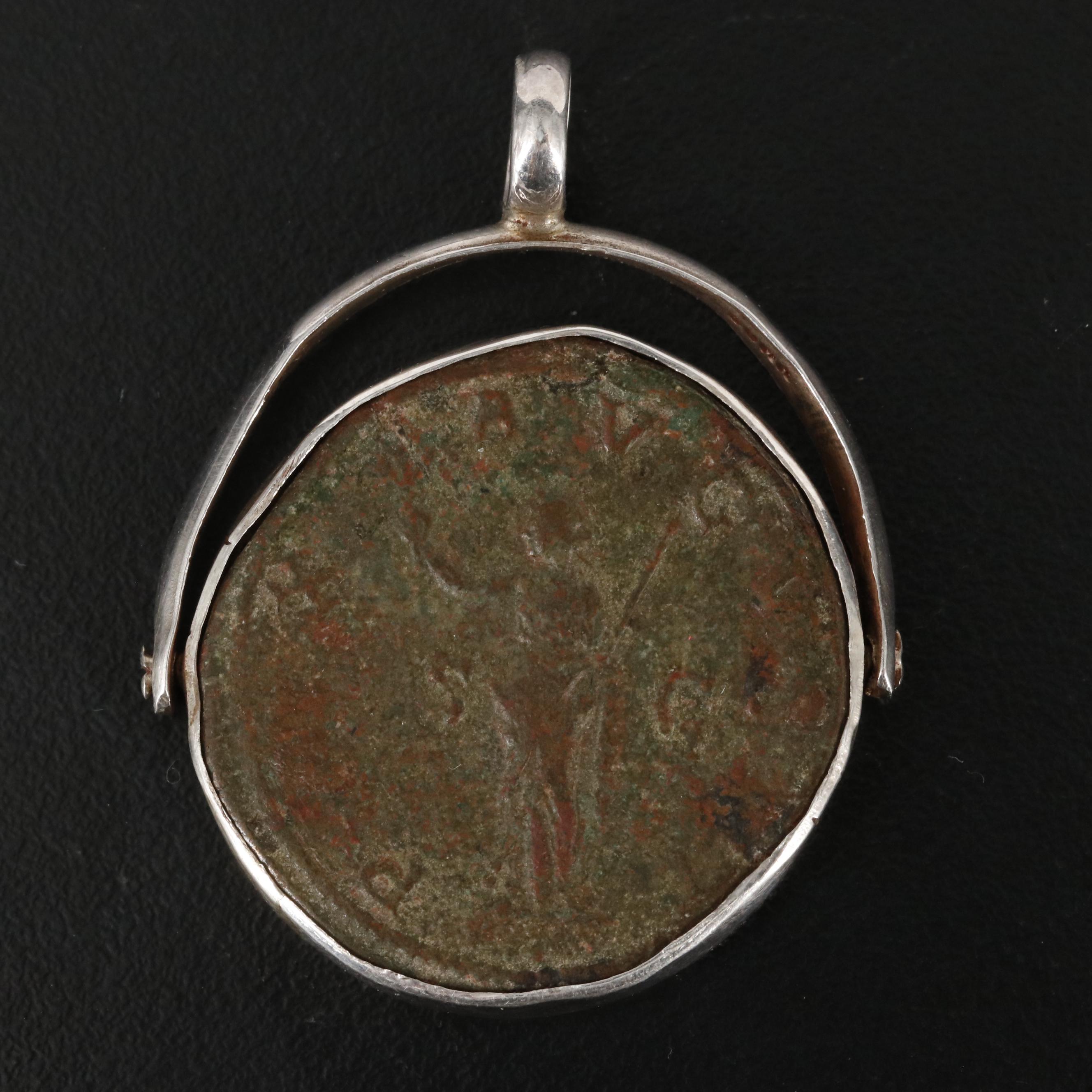 Ancient Roman Sestertius Coin of Maximinus I, c. 235 A.D. in  950 Silver Pendant