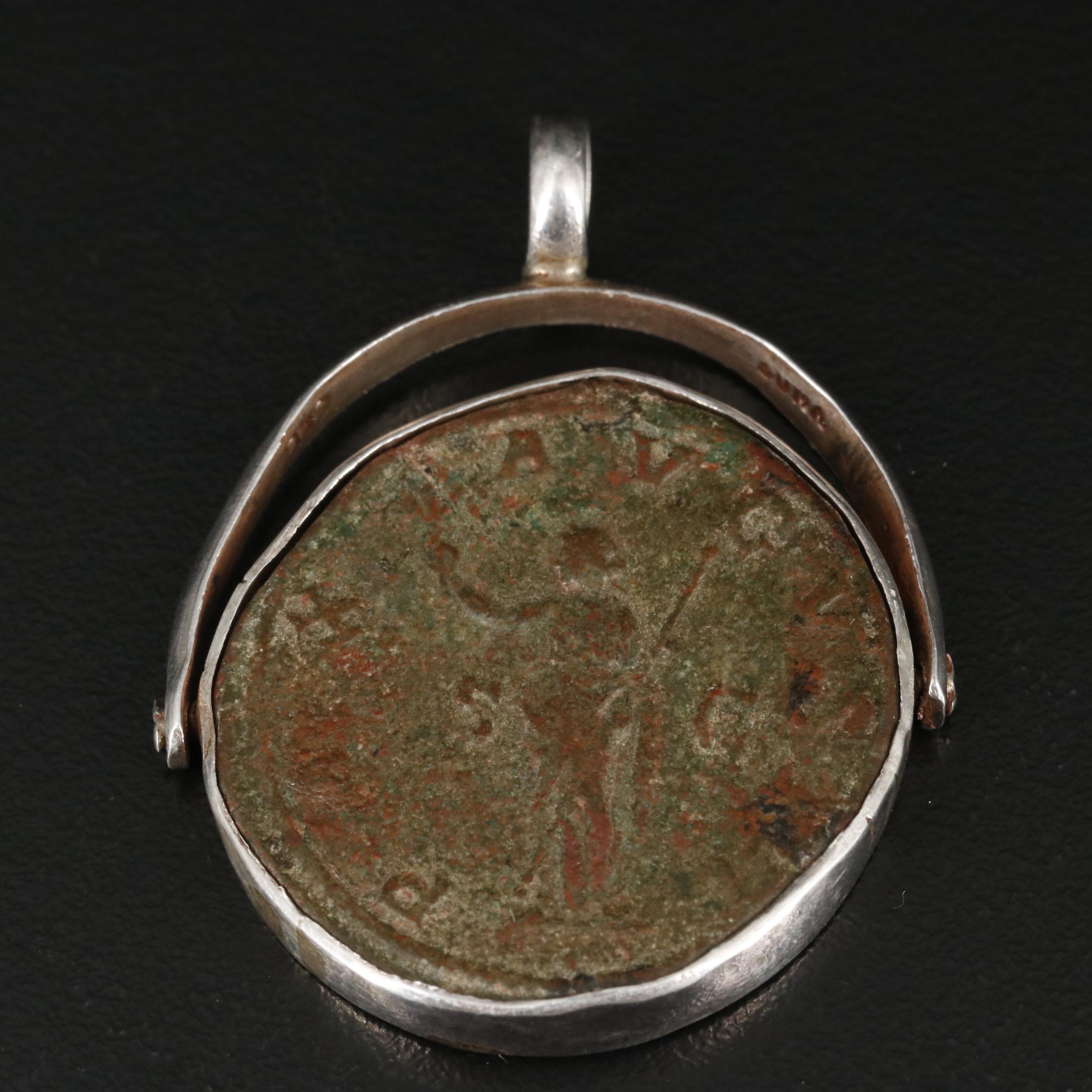 Ancient Roman Sestertius Coin of Maximinus I, c. 235 A.D. in  950 Silver Pendant