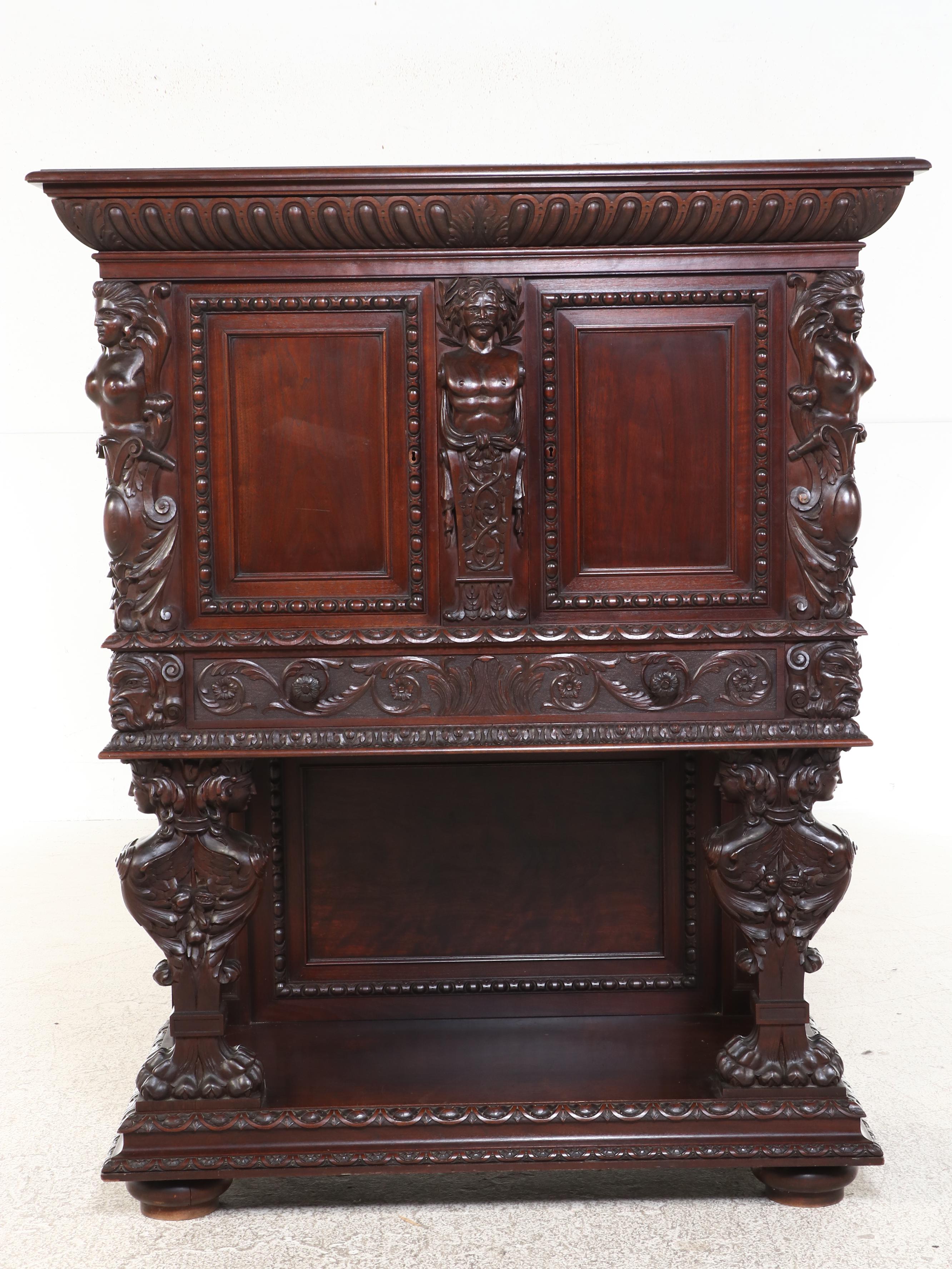 John Scott Bradstreet for Hovey C. Clarke Carved Walnut Court Cupboard, 1909