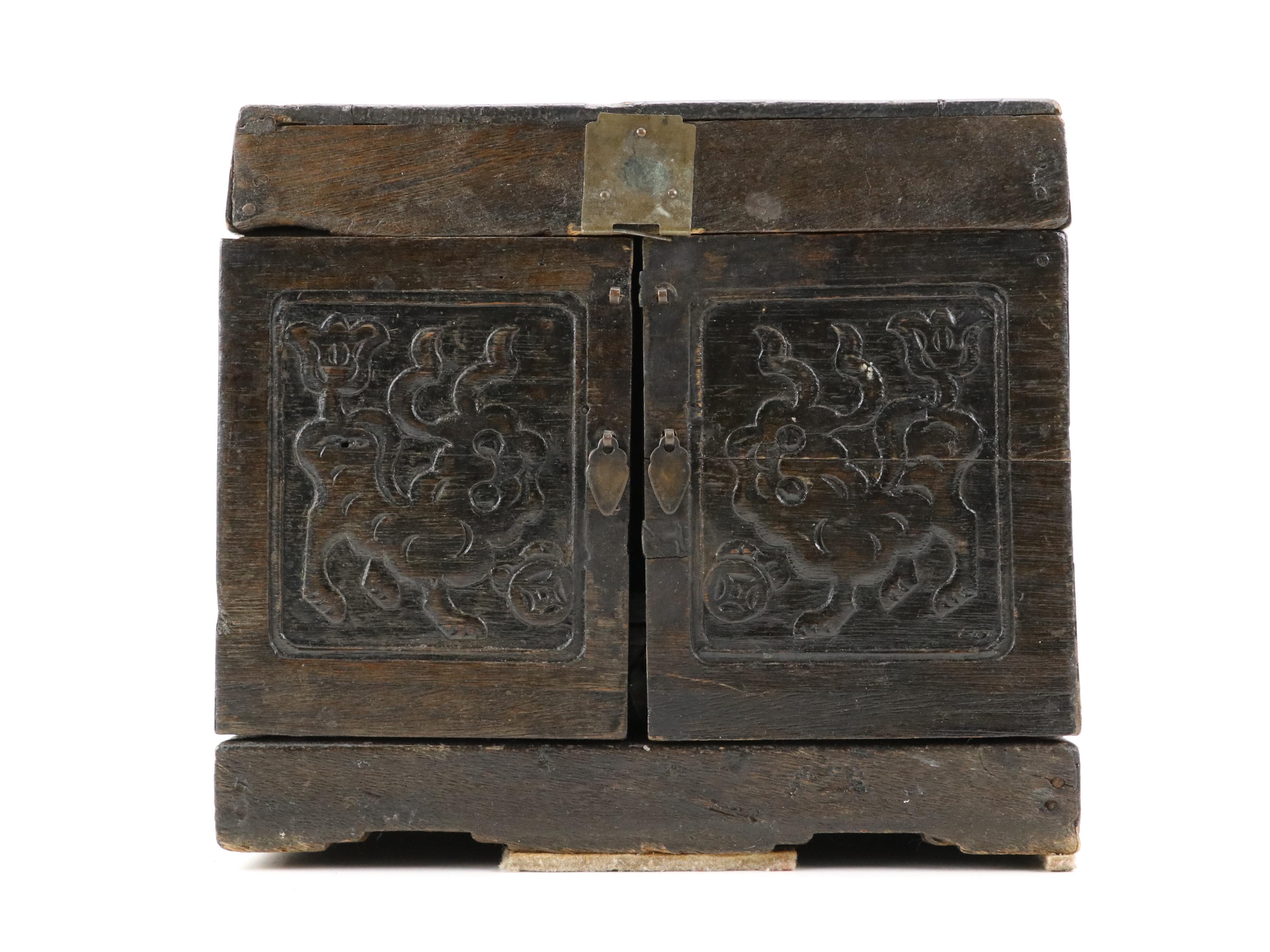 Chinese Hardwood Box with Guardian Lion Motif