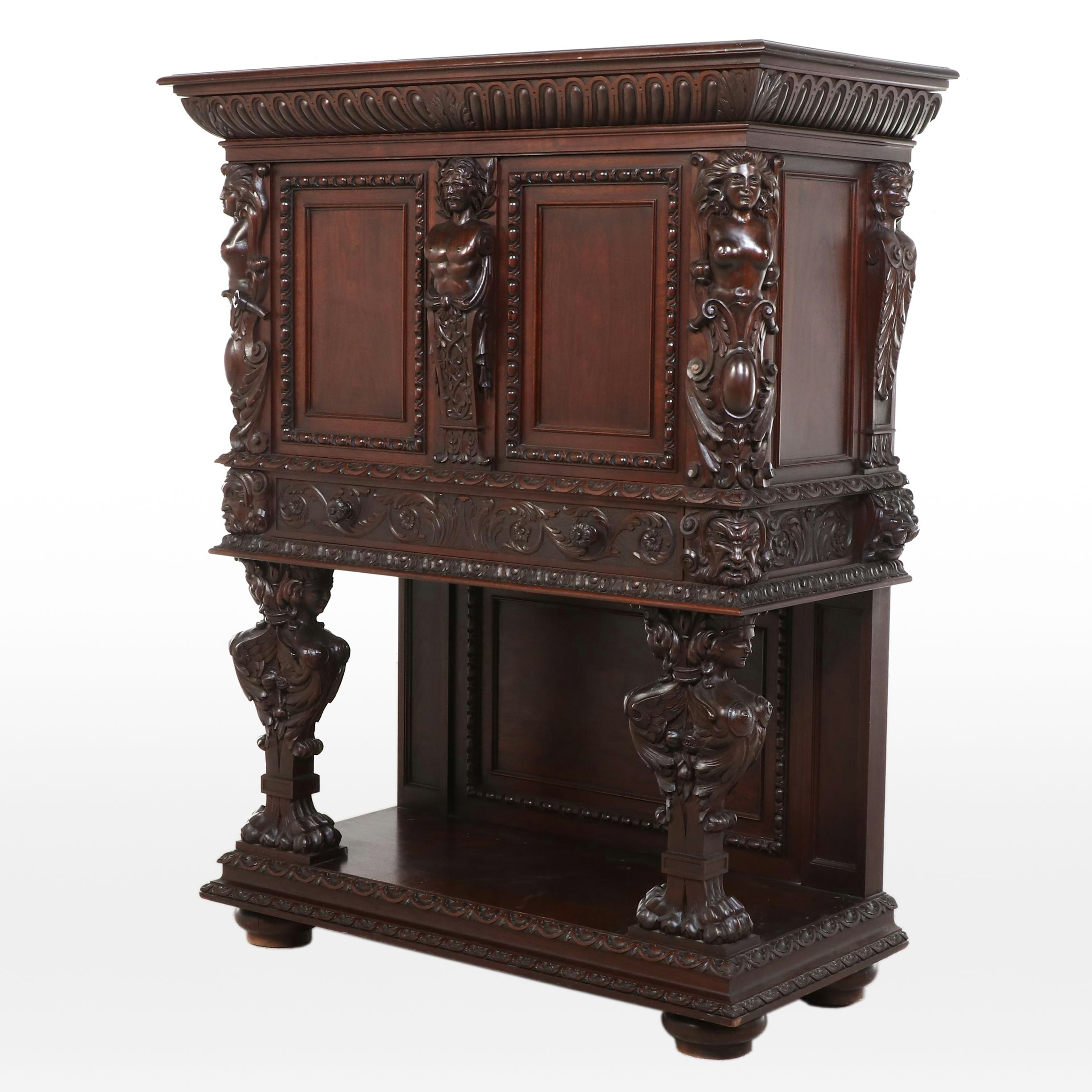 John Scott Bradstreet for Hovey C. Clarke Carved Walnut Court Cupboard, 1909
