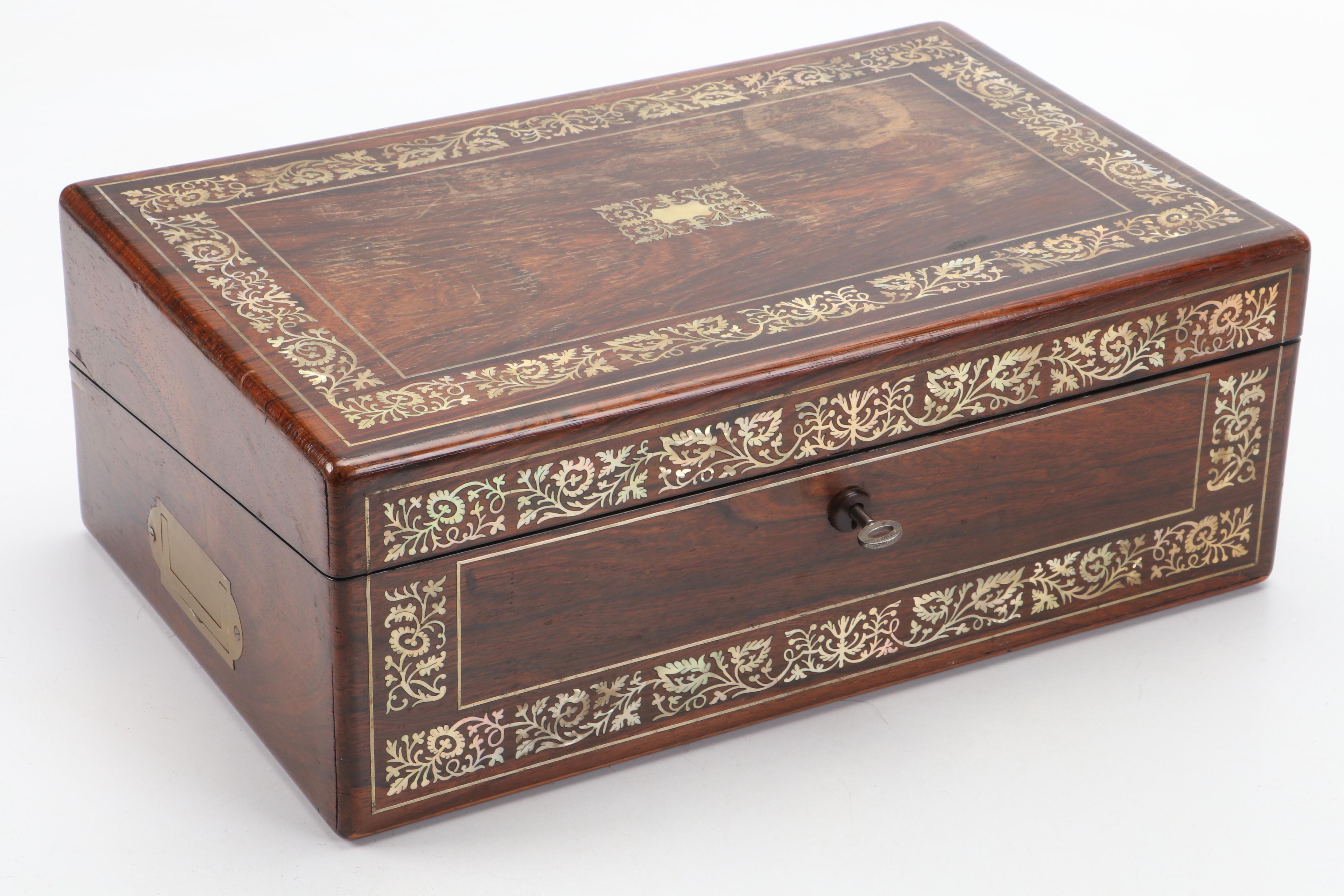 English Mother-of-Pearl Inlay Travel Writing Desk with Sterling Lidded Inkwell