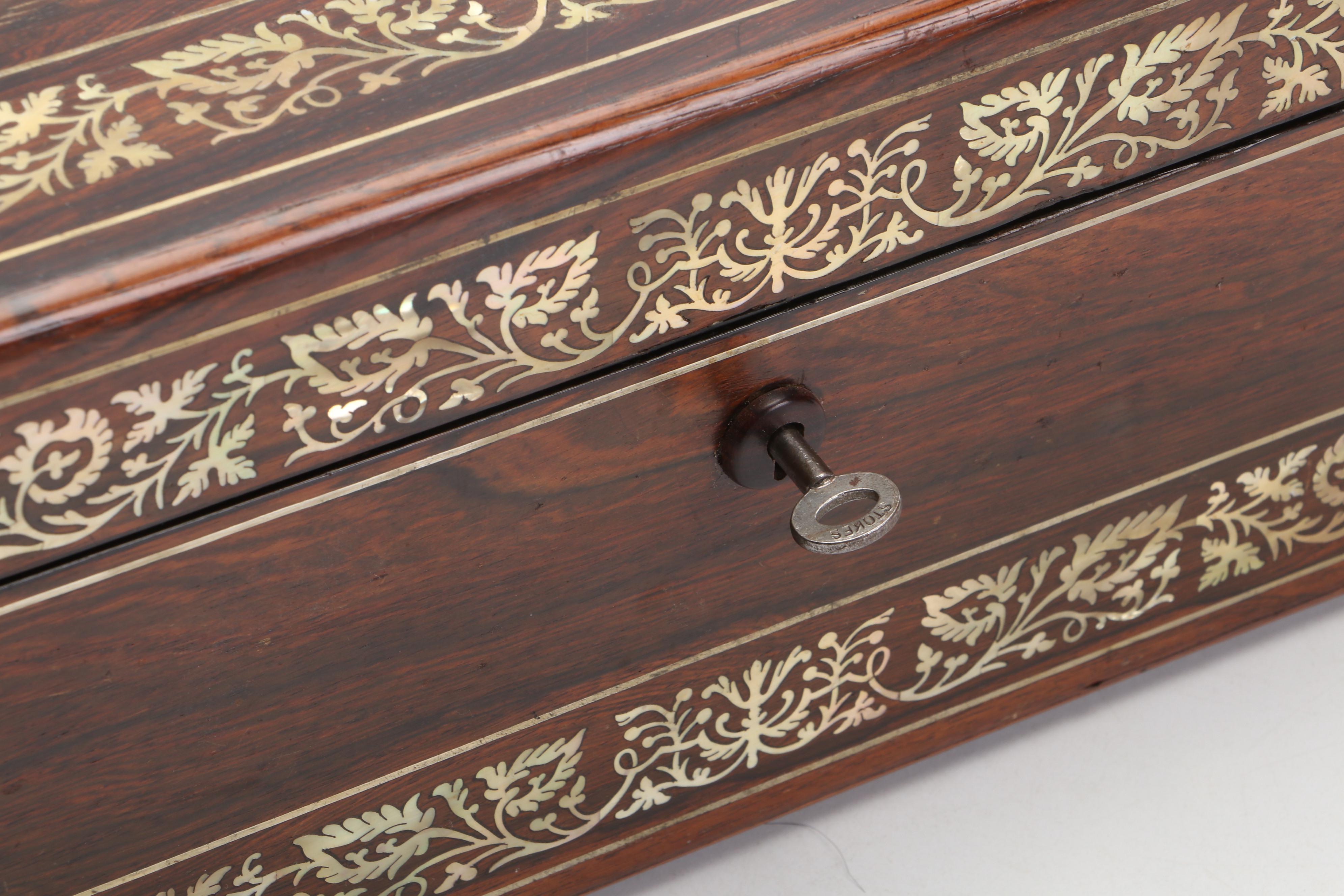 English Mother-of-Pearl Inlay Travel Writing Desk with Sterling Lidded Inkwell