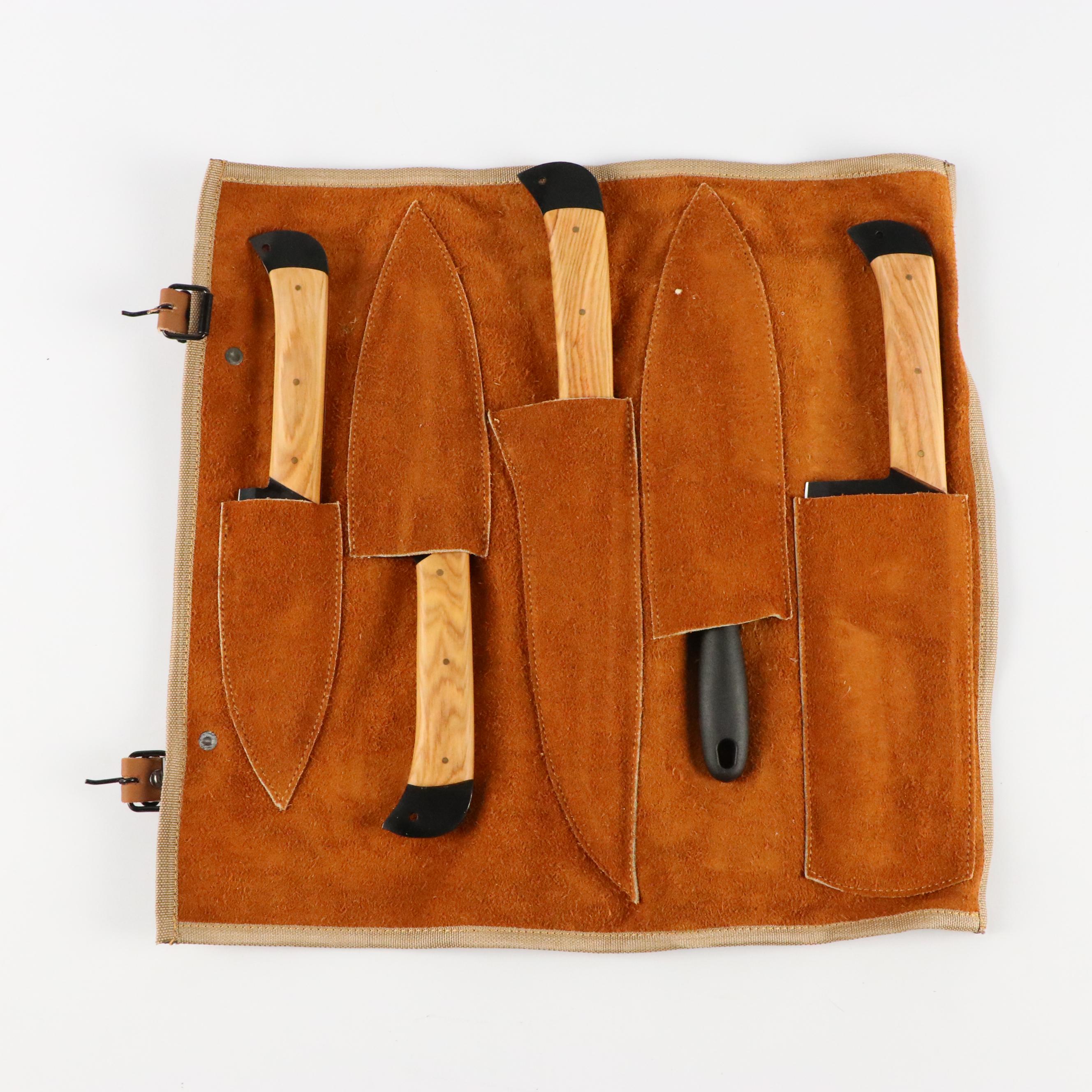 Black Steel and Wooden Handled Chef's Knife Set with Knife Roll