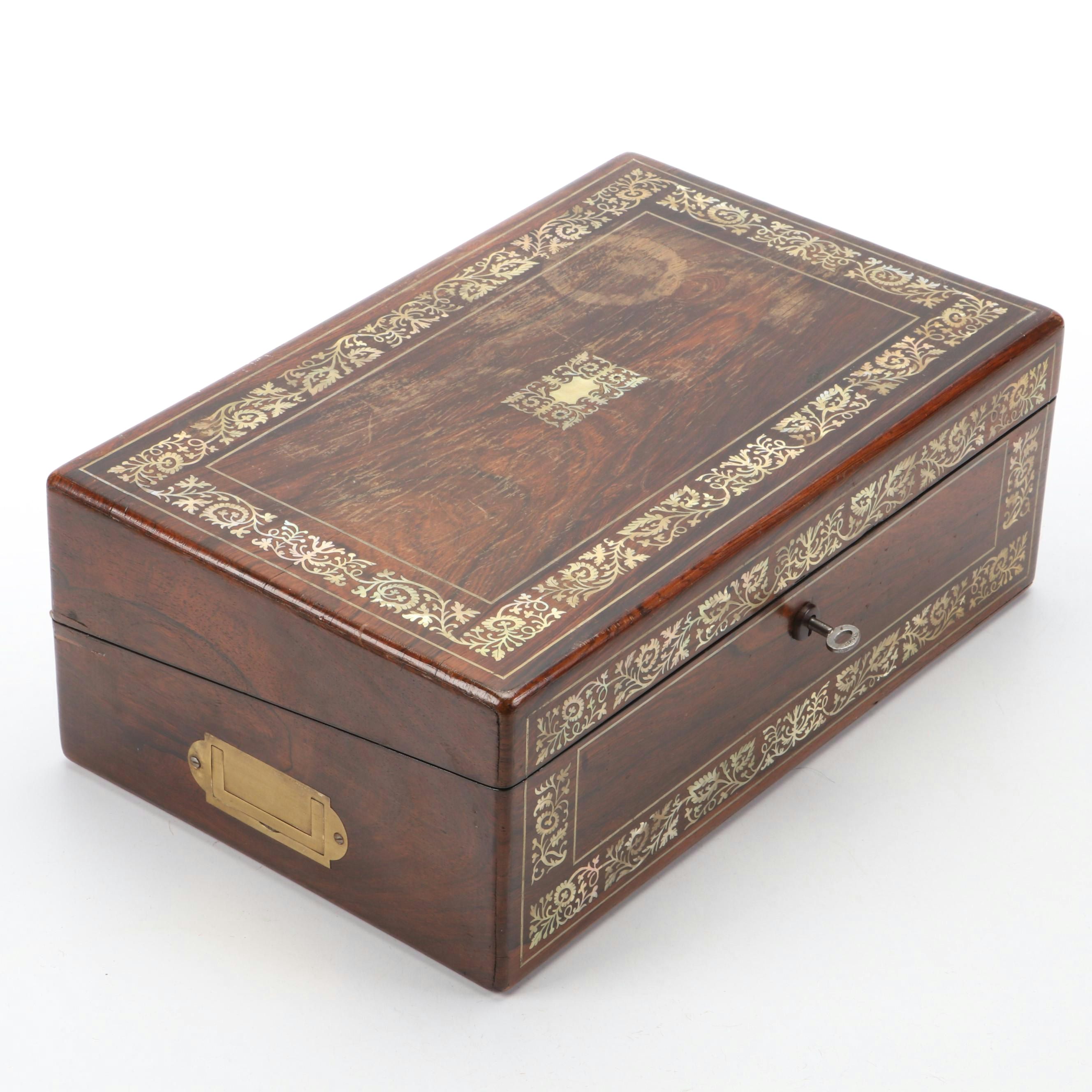 English Mother-of-Pearl Inlay Travel Writing Desk with Sterling Lidded Inkwell