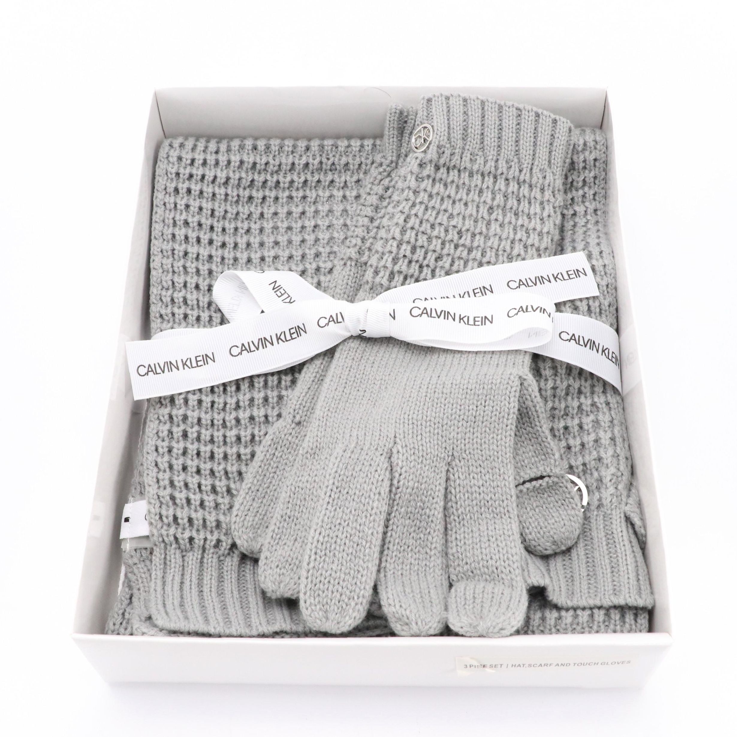 Calvin Klein Grey Acrylic Knit Scarf and Gloves Set with Box