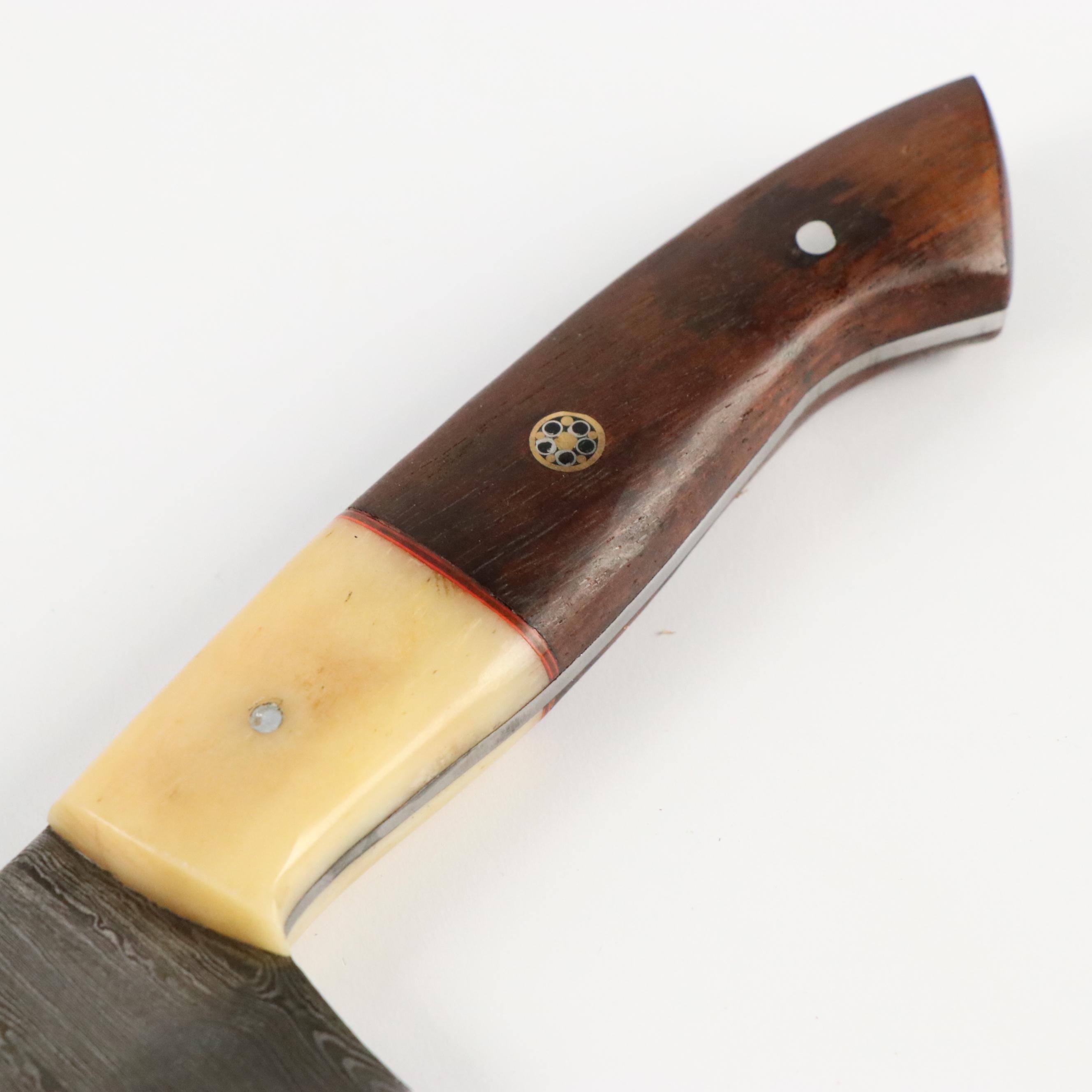 Damascus Steel and Wood and Bone Handled Chef's Knife Set in Knife Roll