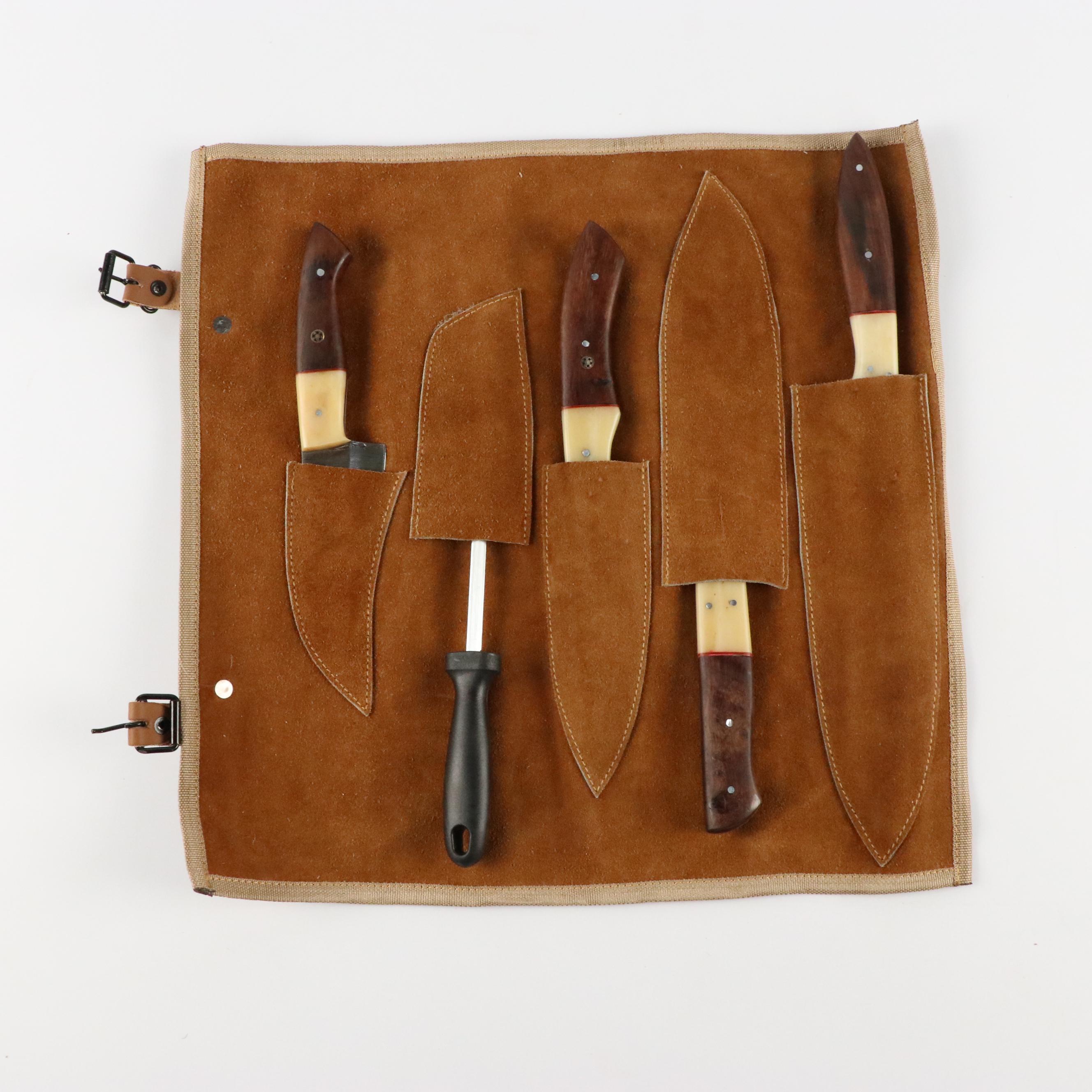 Damascus Steel and Wood and Bone Handled Chef's Knife Set in Knife Roll