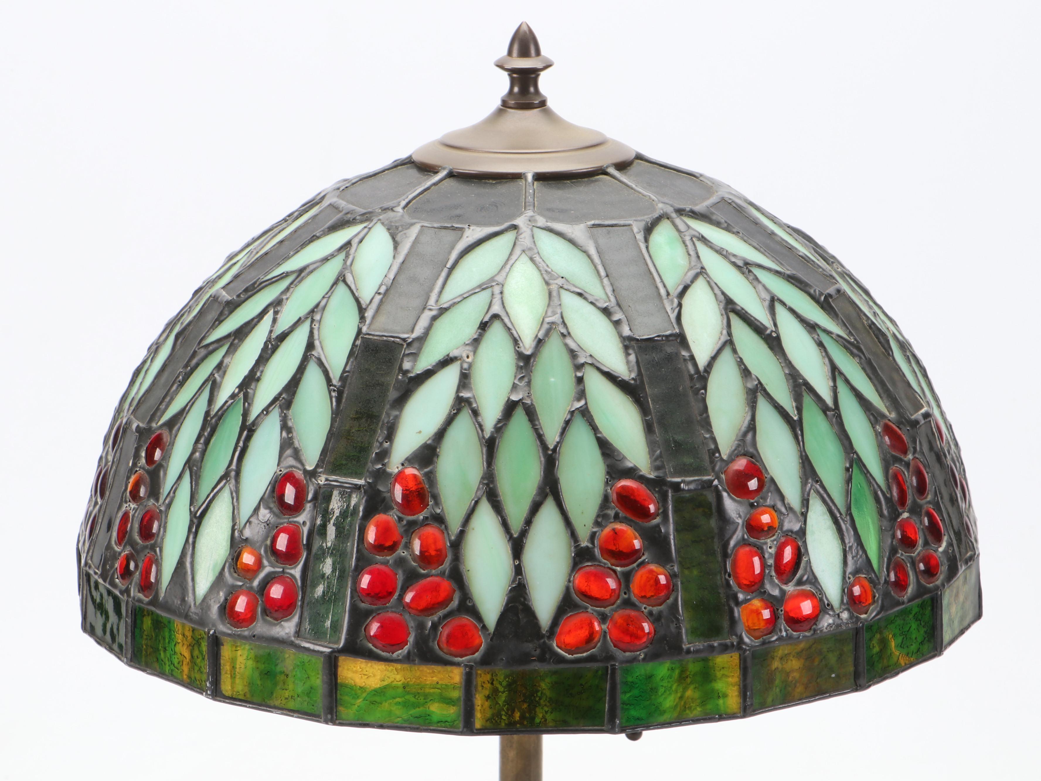 Arts and Crafts Brass Urn Table Lamp with Fruit Tree Motif Slag Glass Shade