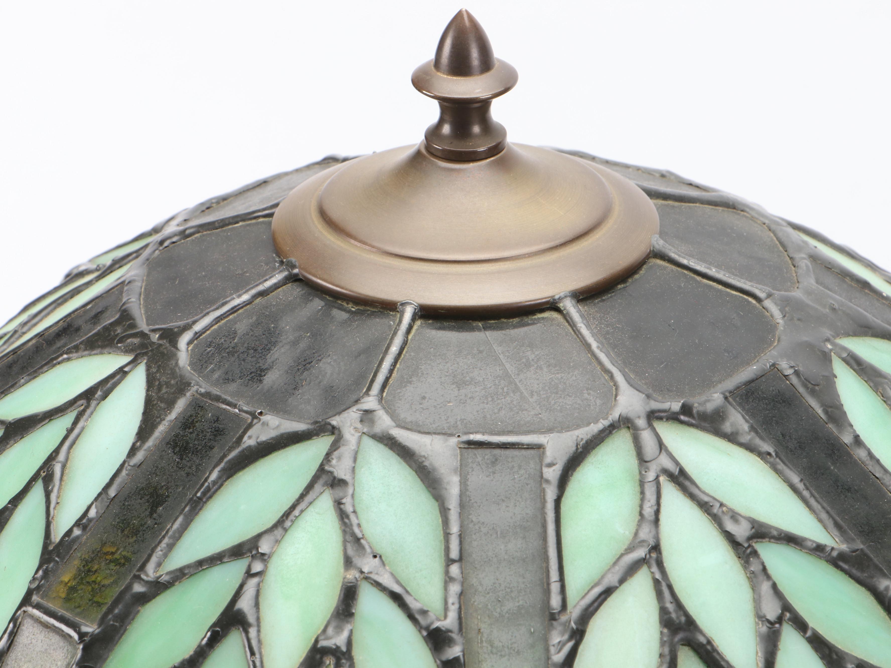 Arts and Crafts Brass Urn Table Lamp with Fruit Tree Motif Slag Glass Shade