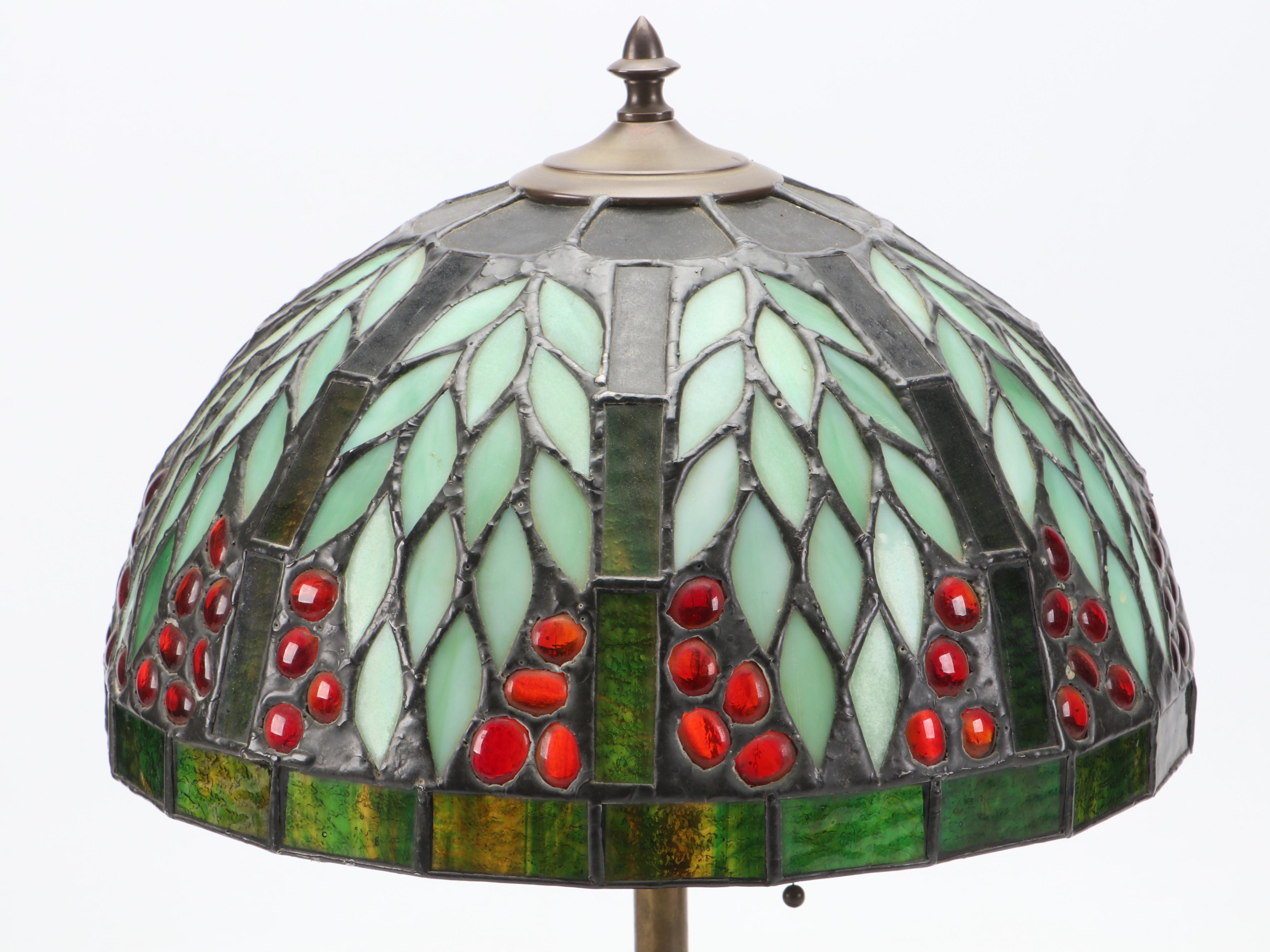 Arts and Crafts Brass Urn Table Lamp with Fruit Tree Motif Slag Glass Shade