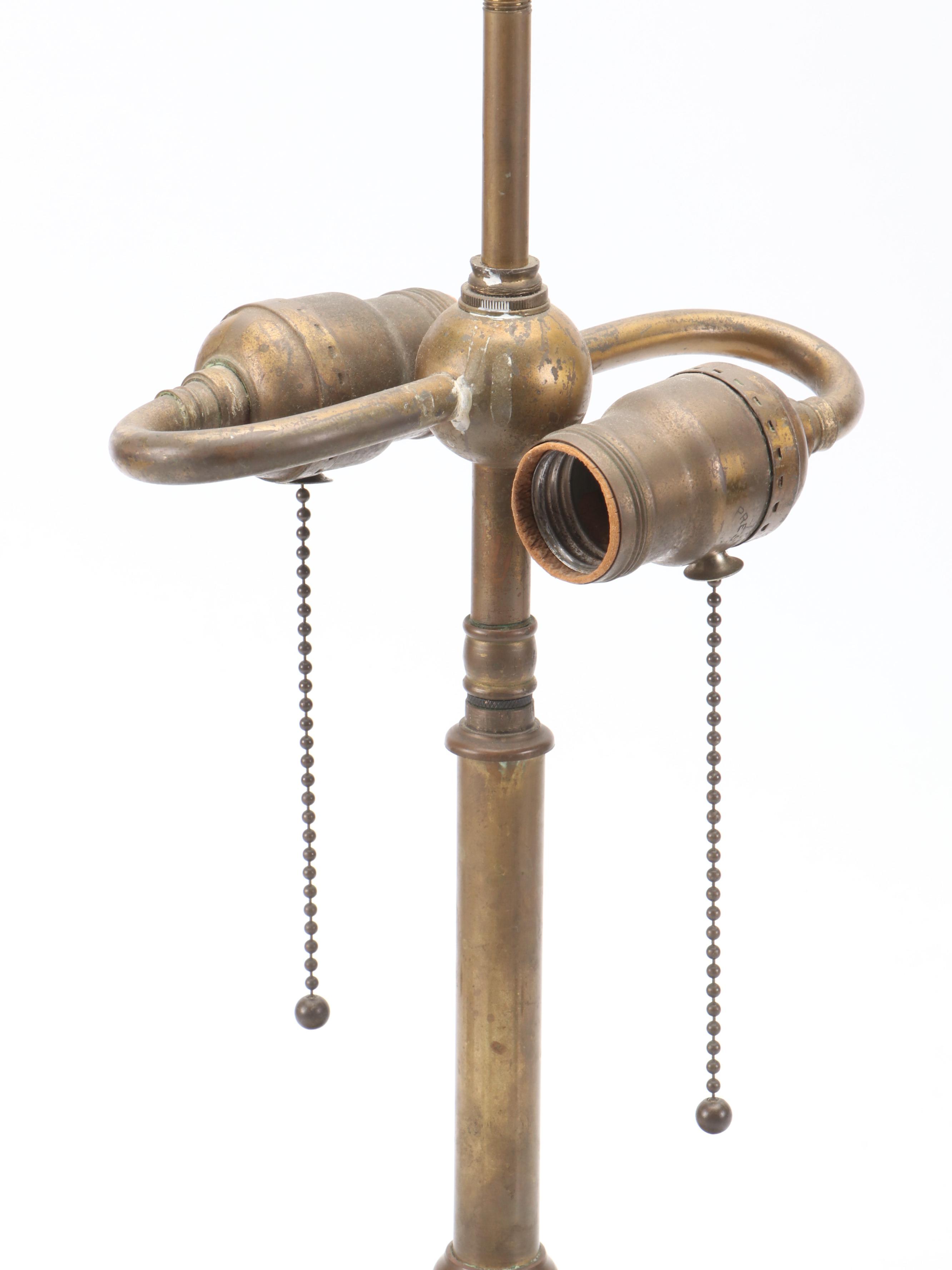 Arts and Crafts Brass Urn Table Lamp with Fruit Tree Motif Slag Glass Shade