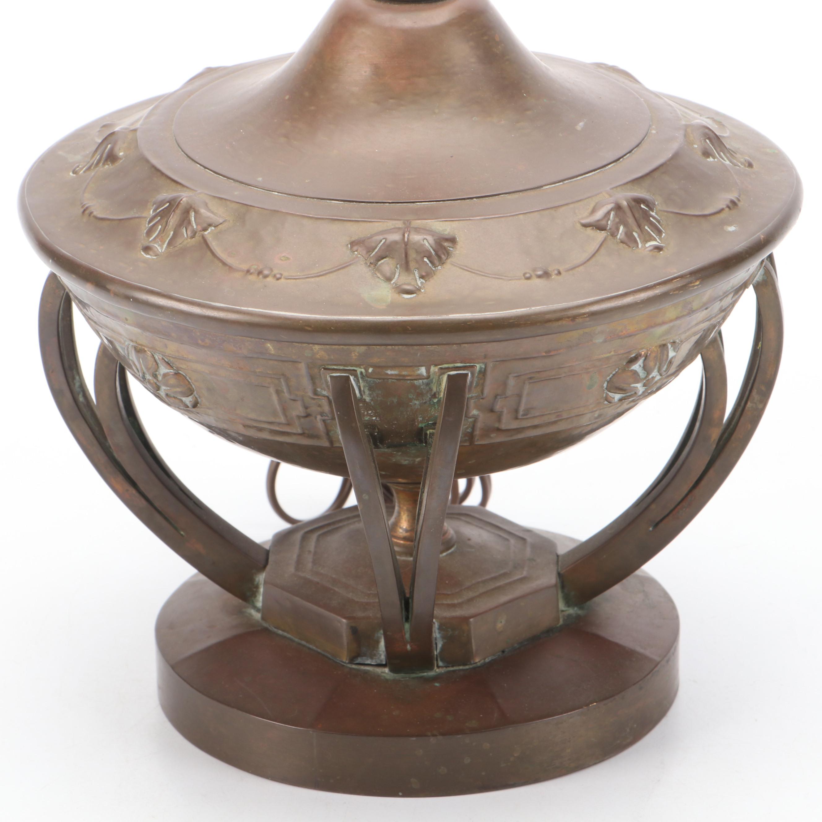 Arts and Crafts Brass Urn Table Lamp with Fruit Tree Motif Slag Glass Shade