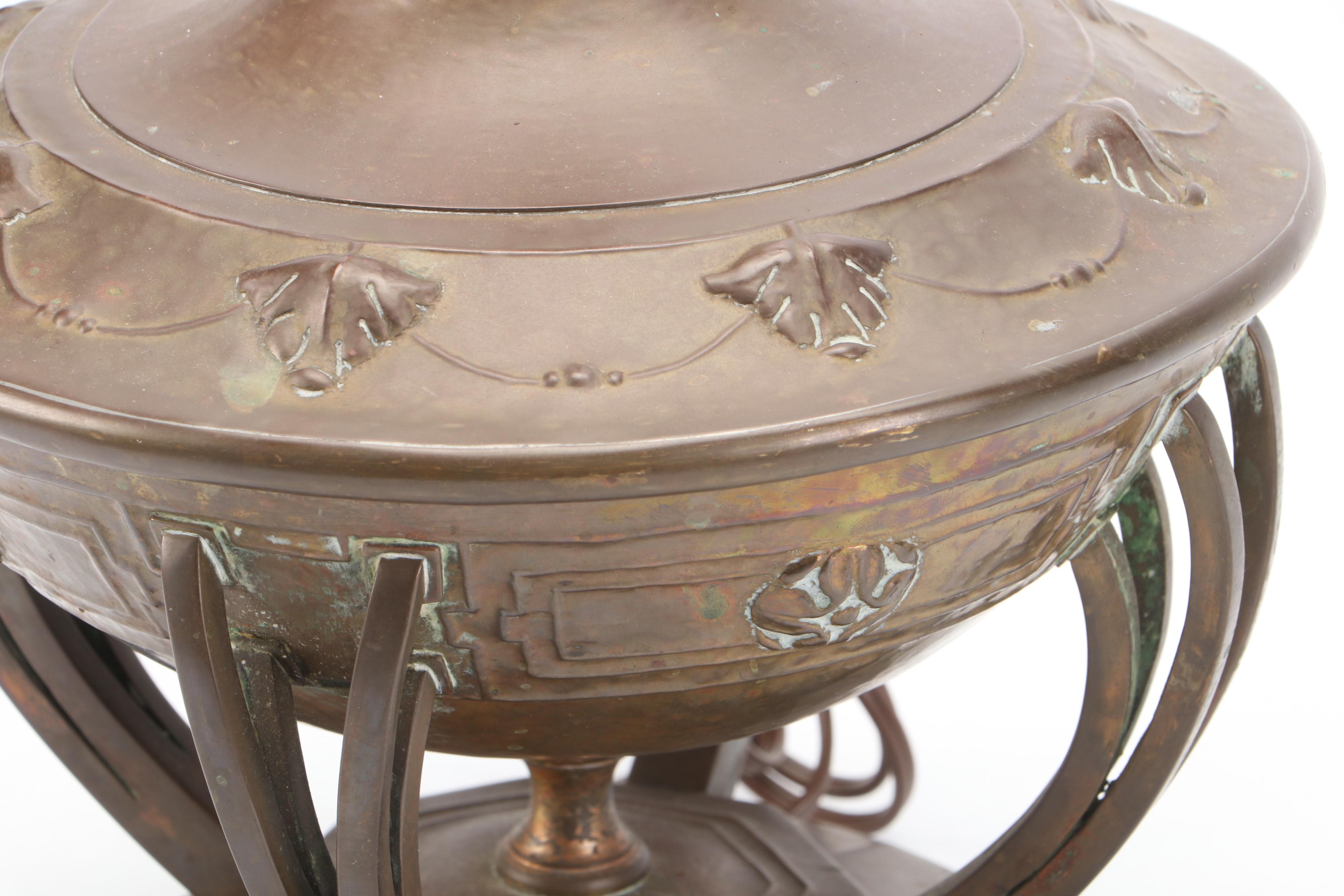 Arts and Crafts Brass Urn Table Lamp with Fruit Tree Motif Slag Glass Shade