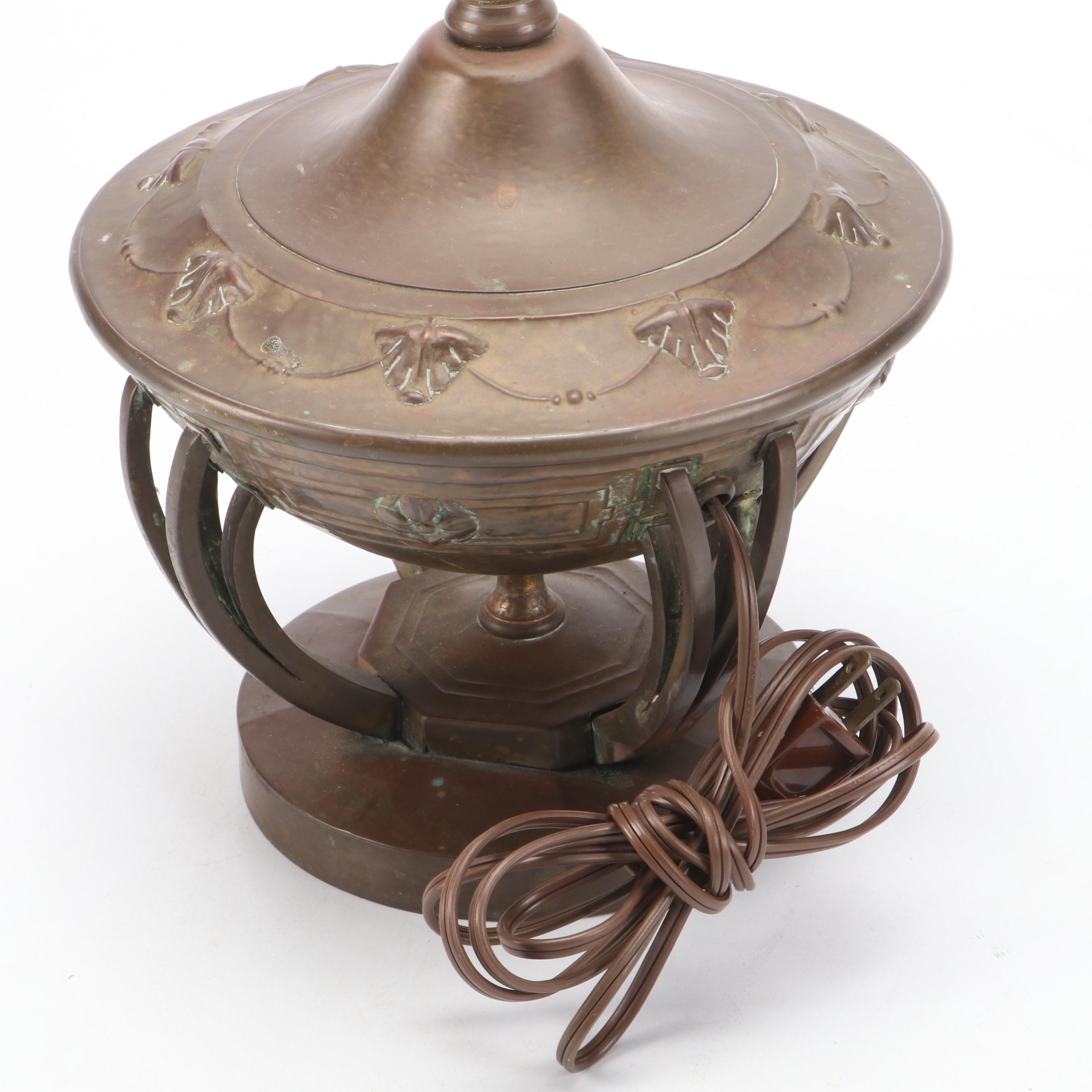 Arts and Crafts Brass Urn Table Lamp with Fruit Tree Motif Slag Glass Shade