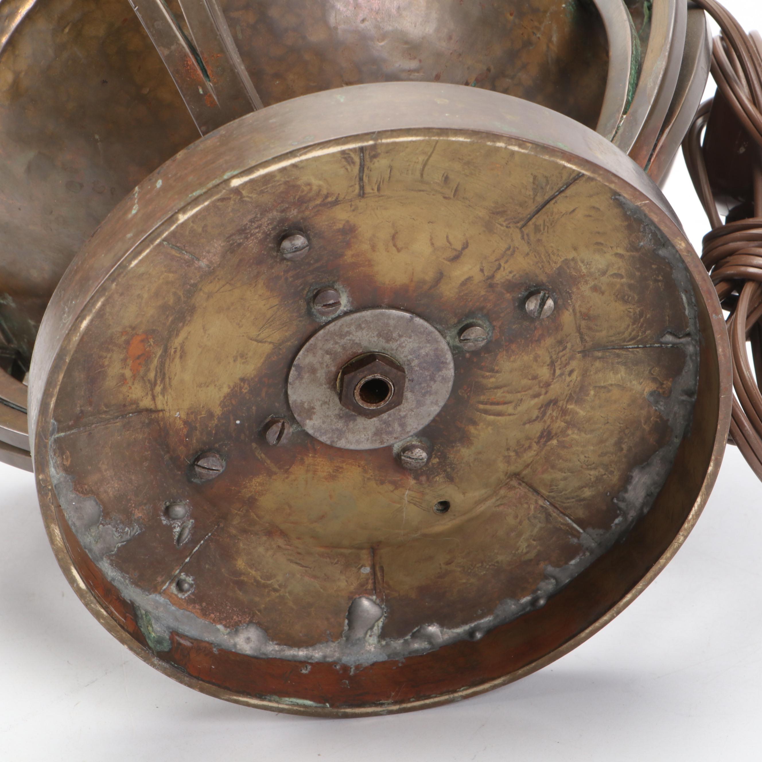 Arts and Crafts Brass Urn Table Lamp with Fruit Tree Motif Slag Glass Shade