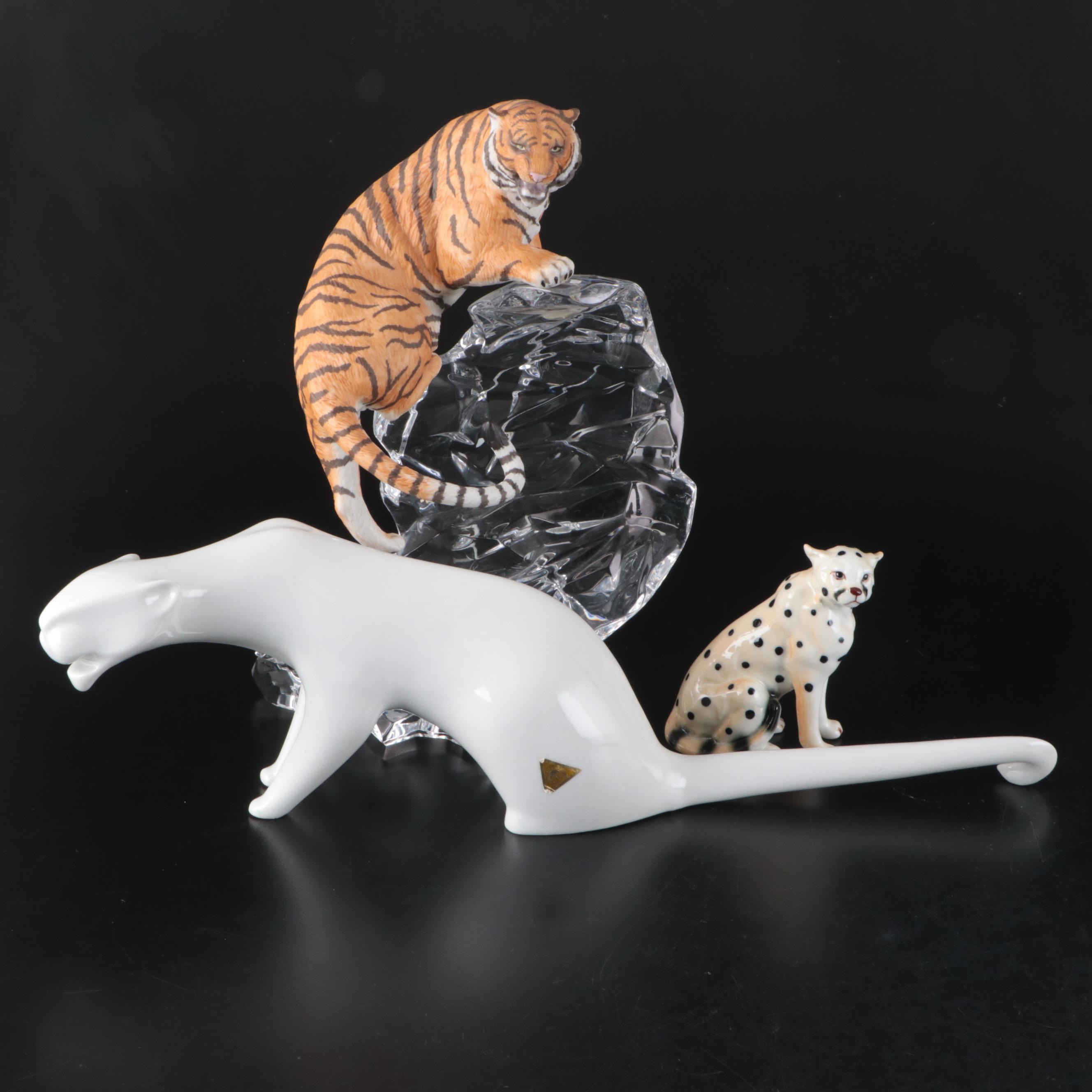 Czech Royal Dux Porcelain Stylized Seated Panther with Other Porcelain Big Cats