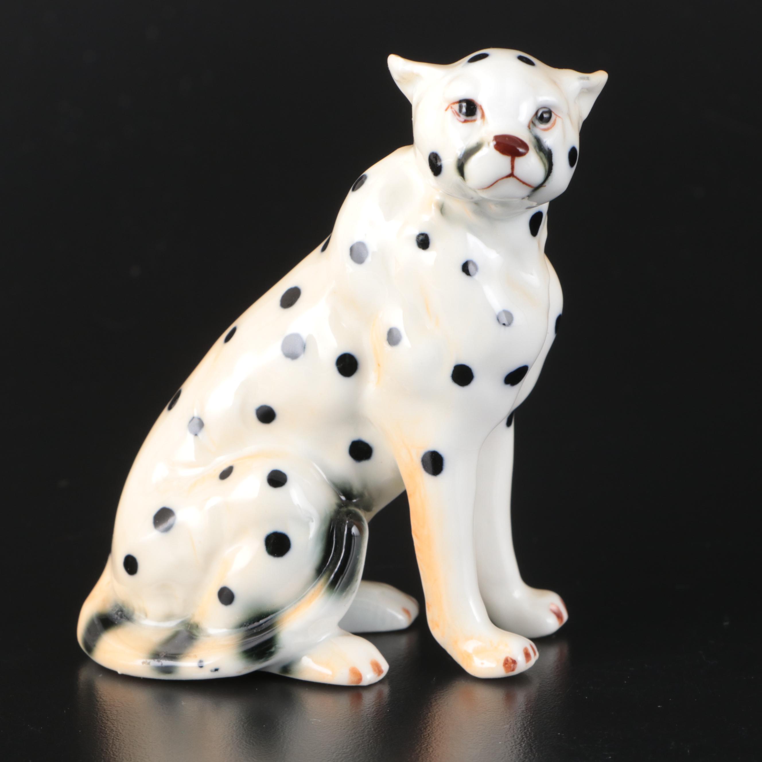 Czech Royal Dux Porcelain Stylized Seated Panther with Other Porcelain Big Cats