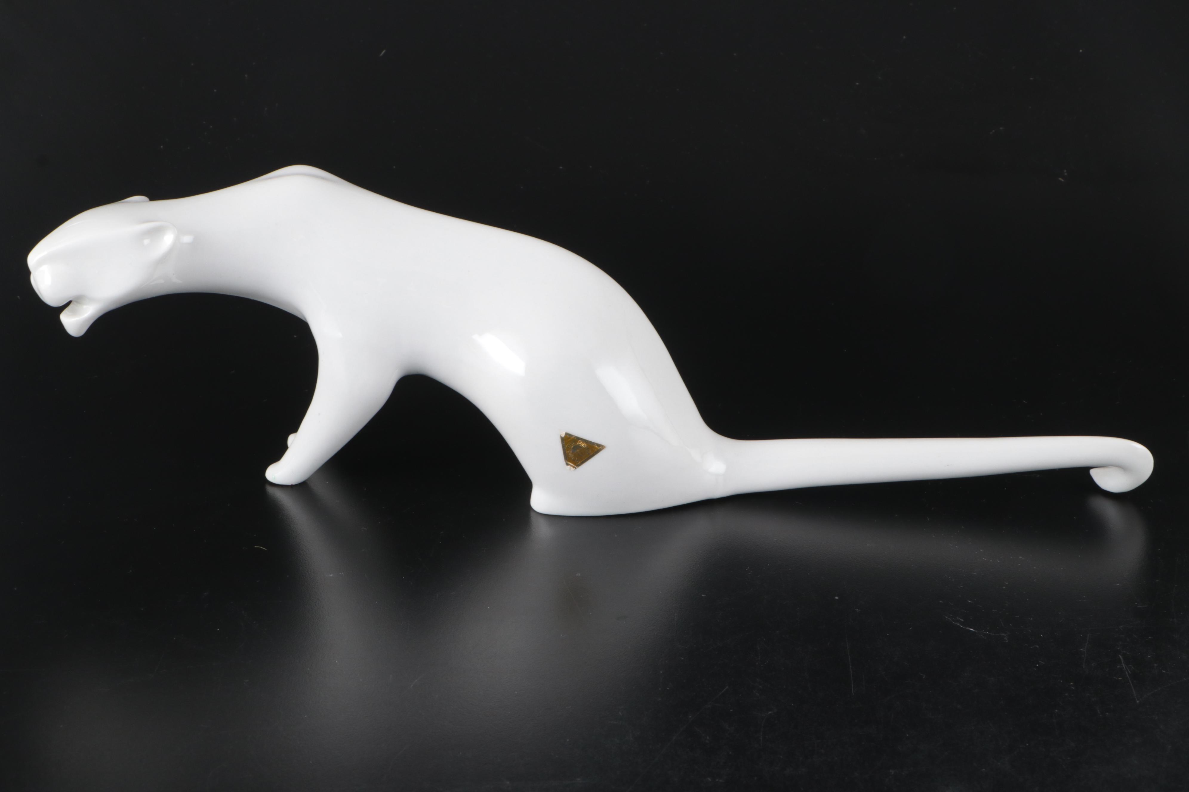 Czech Royal Dux Porcelain Stylized Seated Panther with Other Porcelain Big Cats