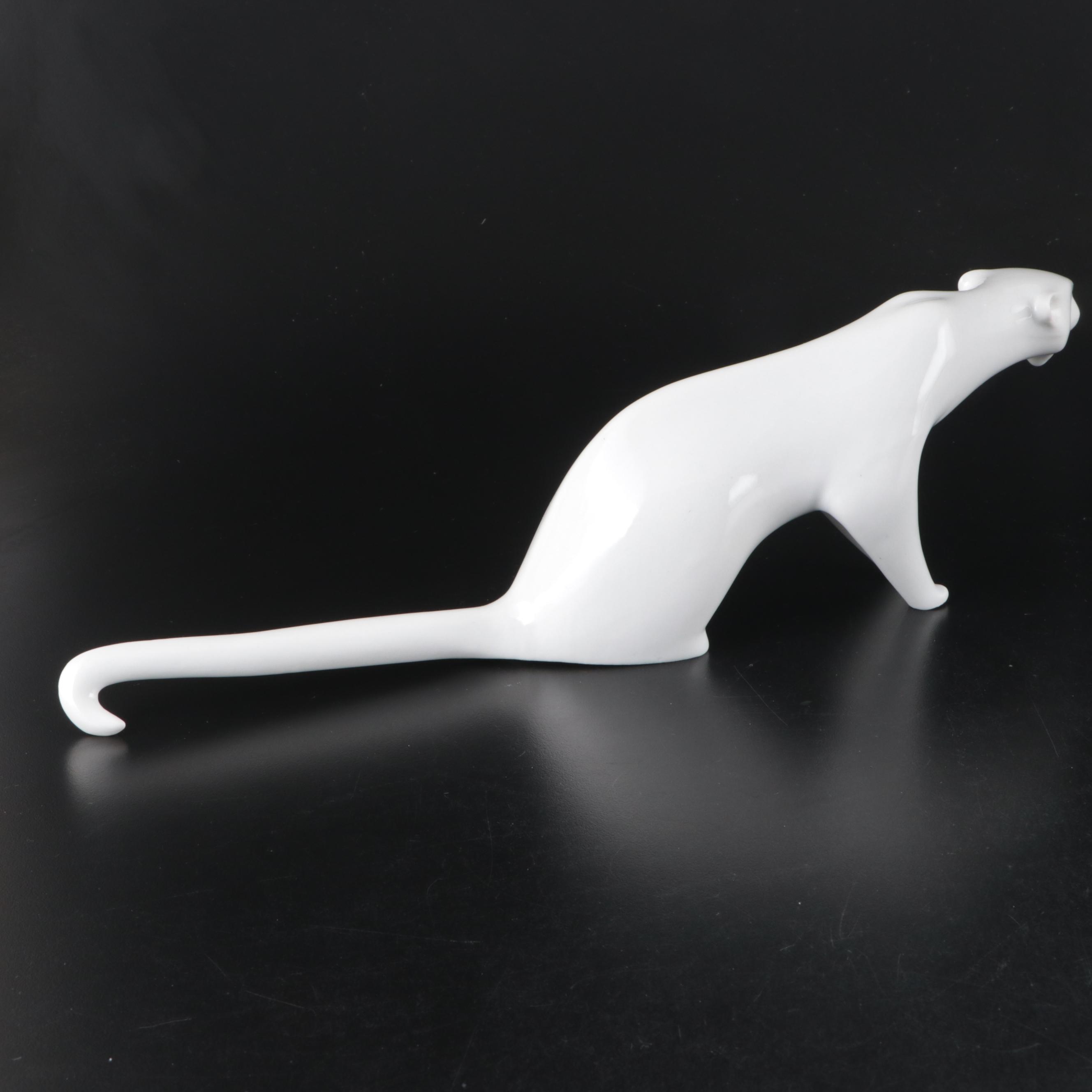 Czech Royal Dux Porcelain Stylized Seated Panther with Other Porcelain Big Cats