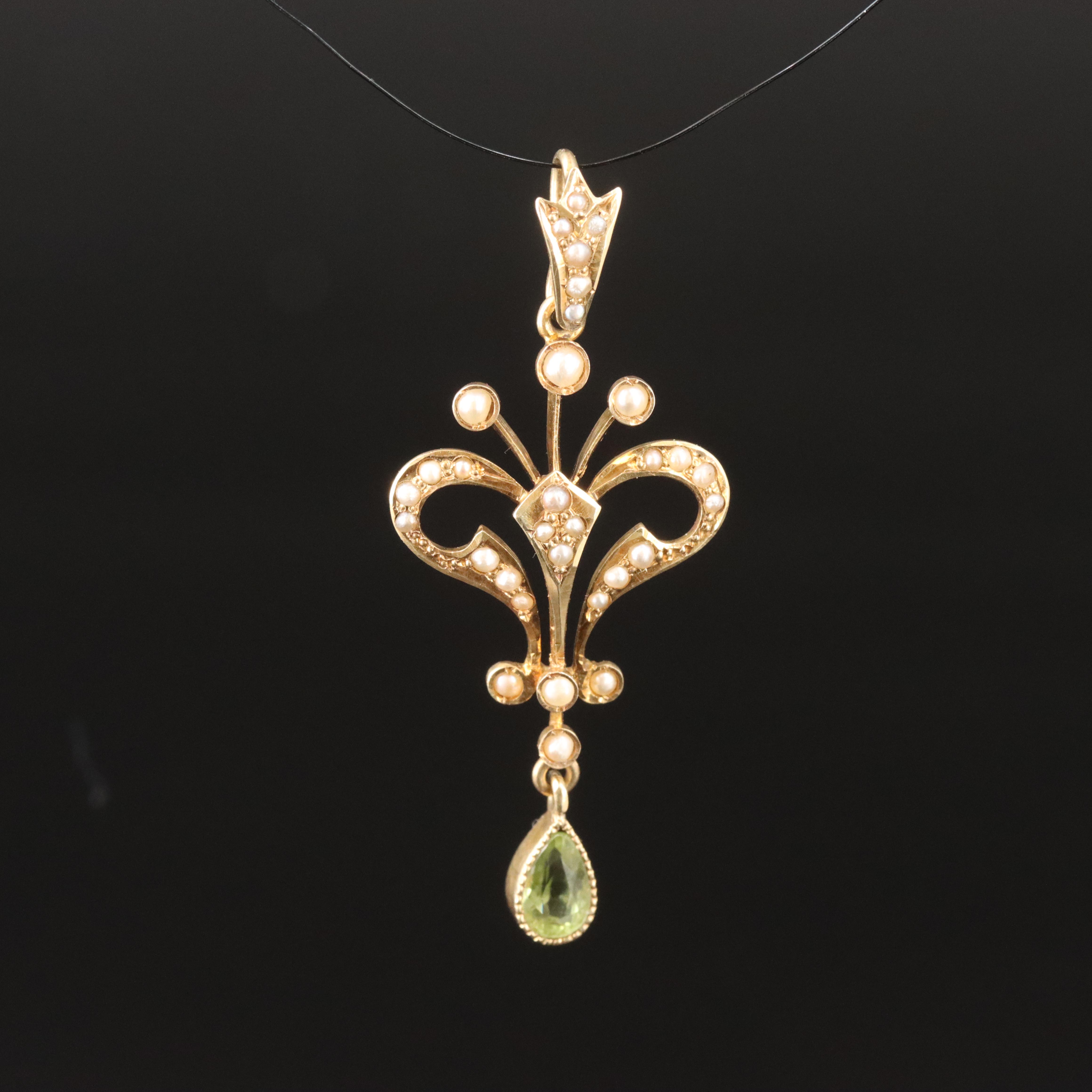 Art Nouveau 14K Peridot and Seed Pearl Lavalier Pendant