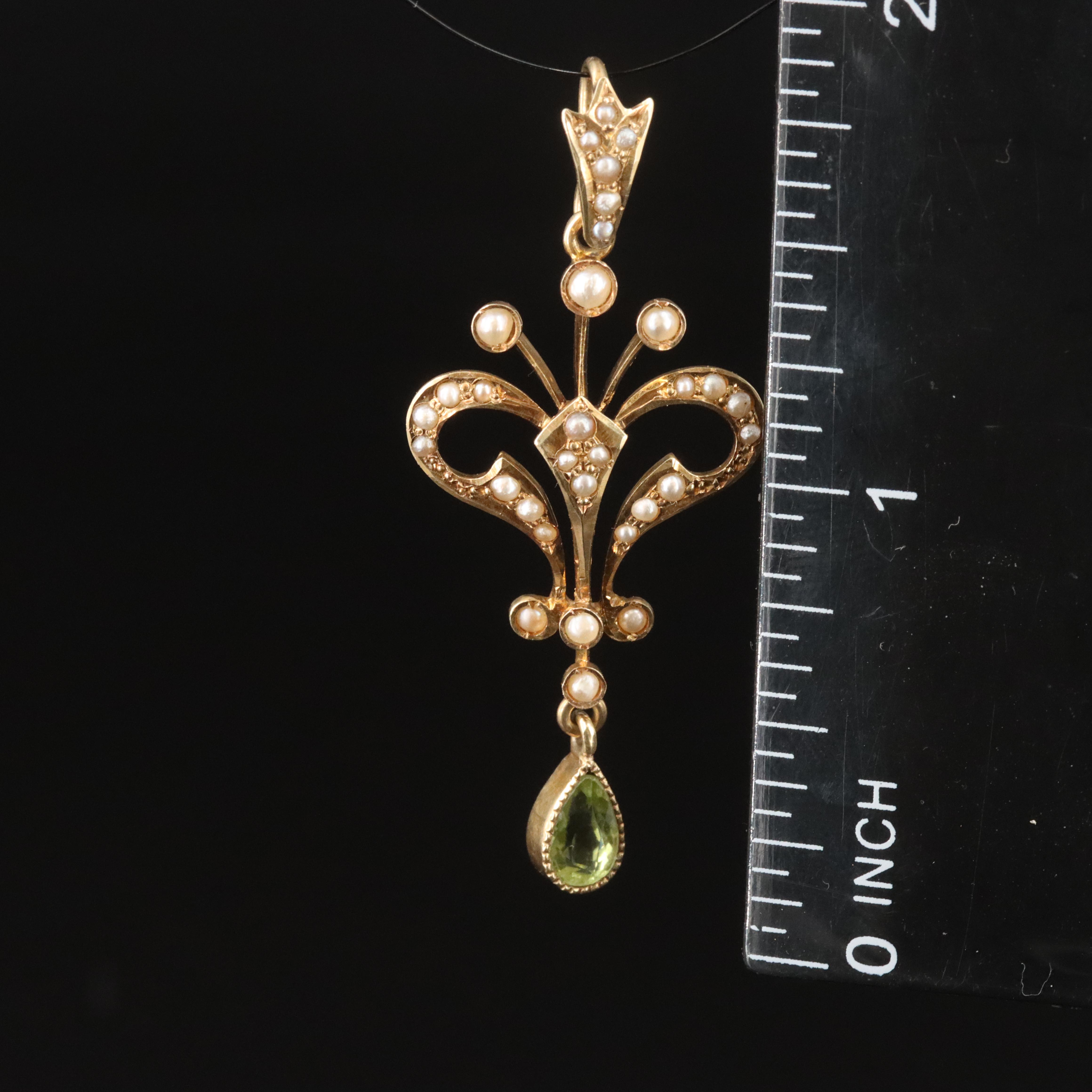 Art Nouveau 14K Peridot and Seed Pearl Lavalier Pendant