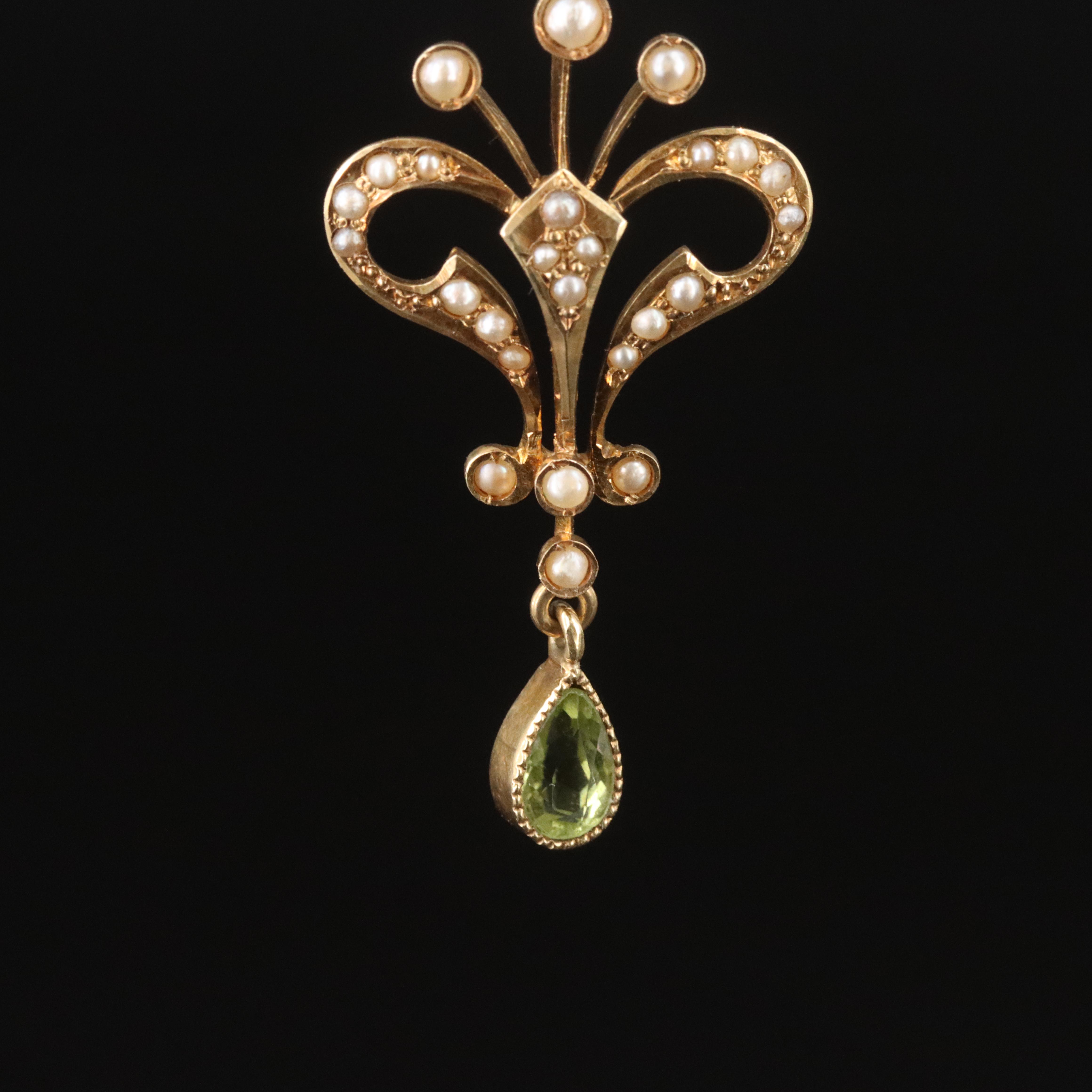 Art Nouveau 14K Peridot and Seed Pearl Lavalier Pendant