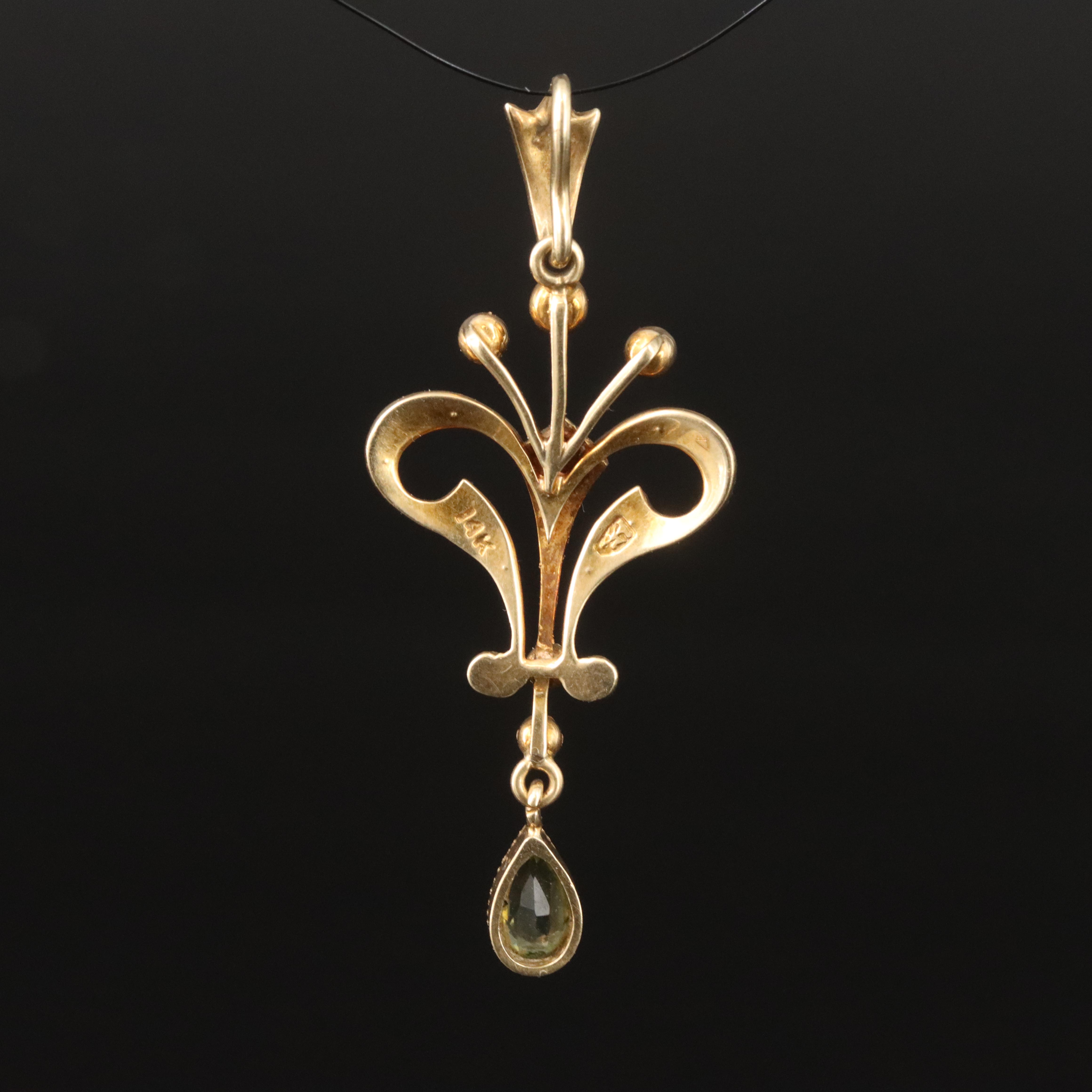 Art Nouveau 14K Peridot and Seed Pearl Lavalier Pendant