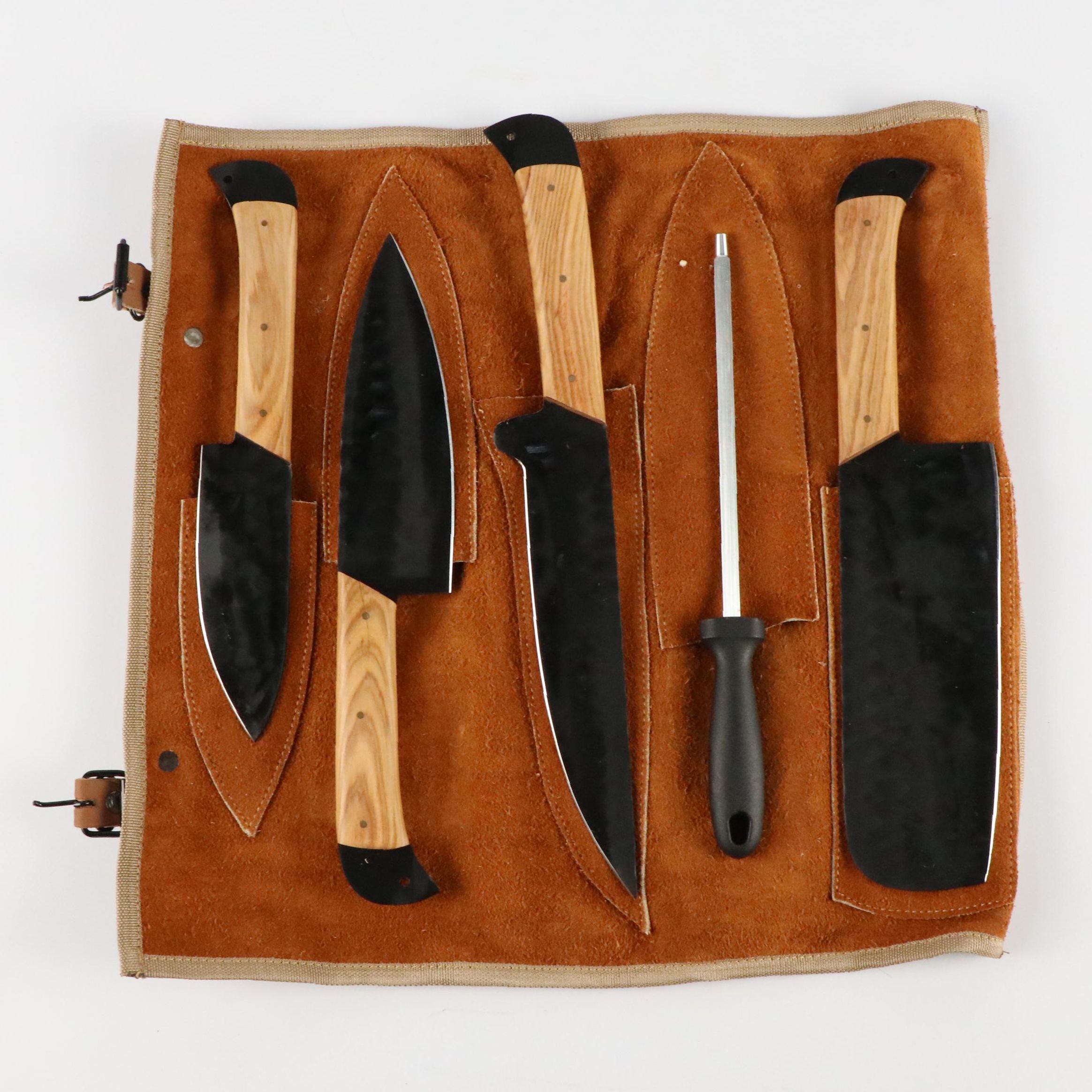 Black Steel and Wooden Handled Chef's Knife Set with Knife Roll