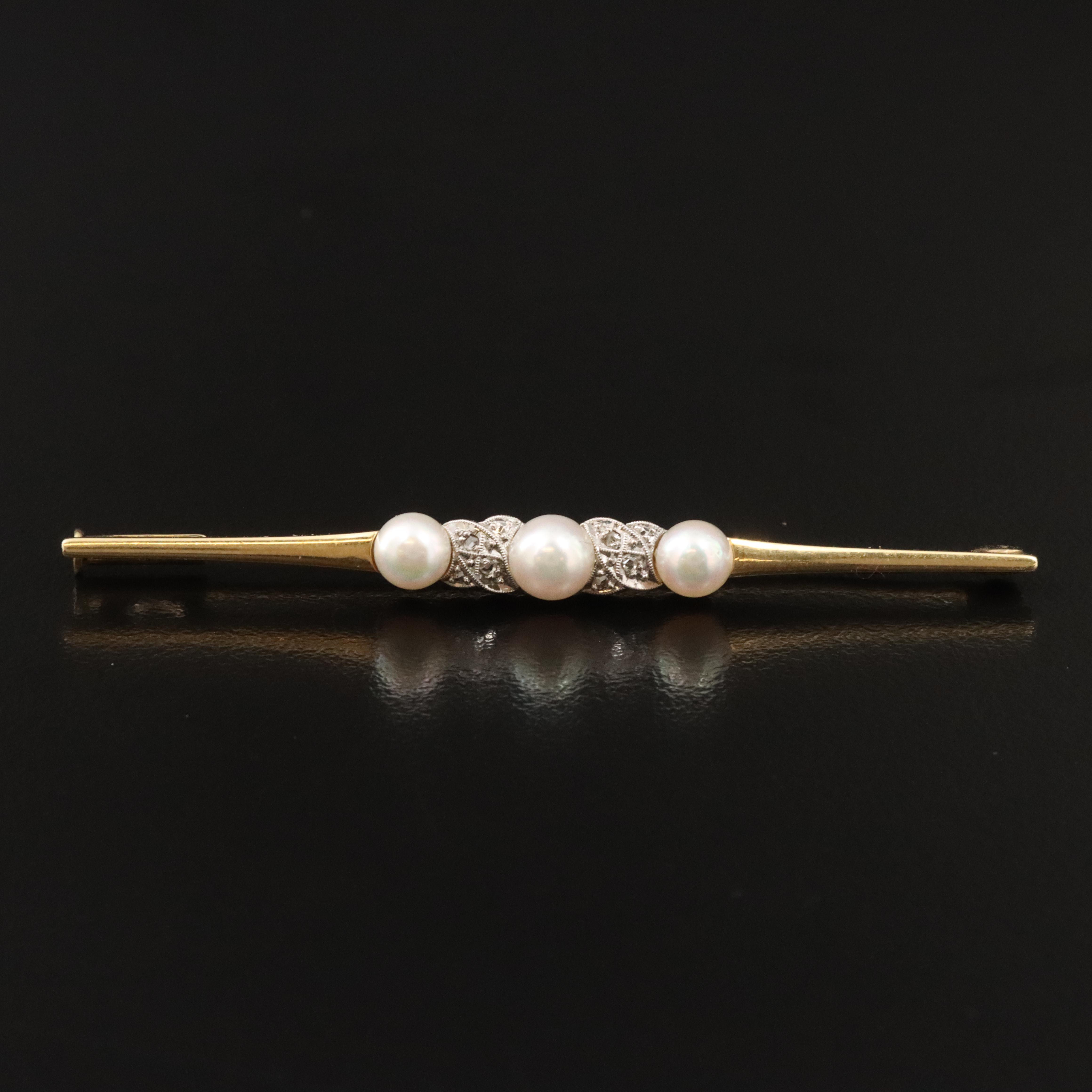 Victorian 14K Pearl and Diamond Bar Brooch