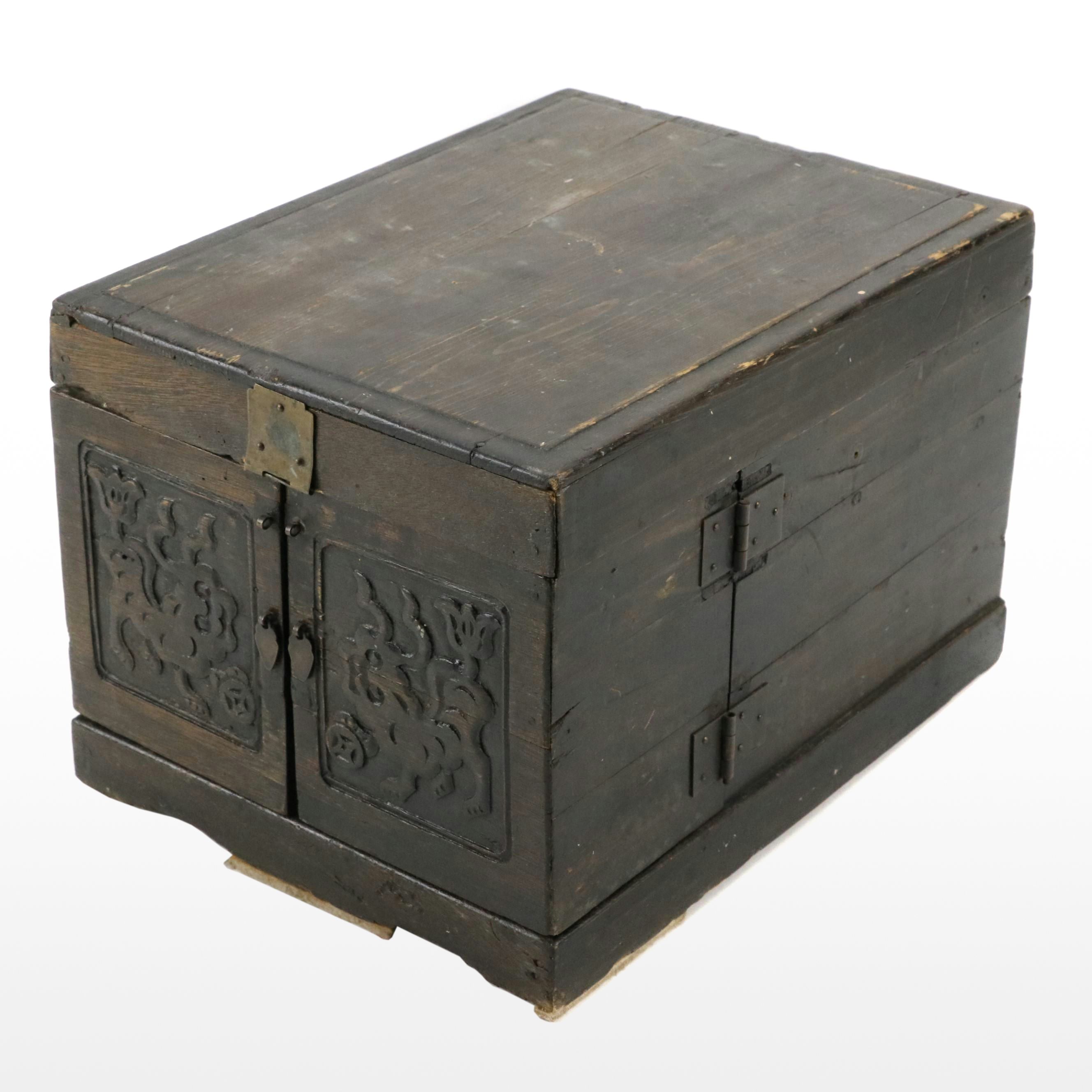 Chinese Hardwood Box with Guardian Lion Motif
