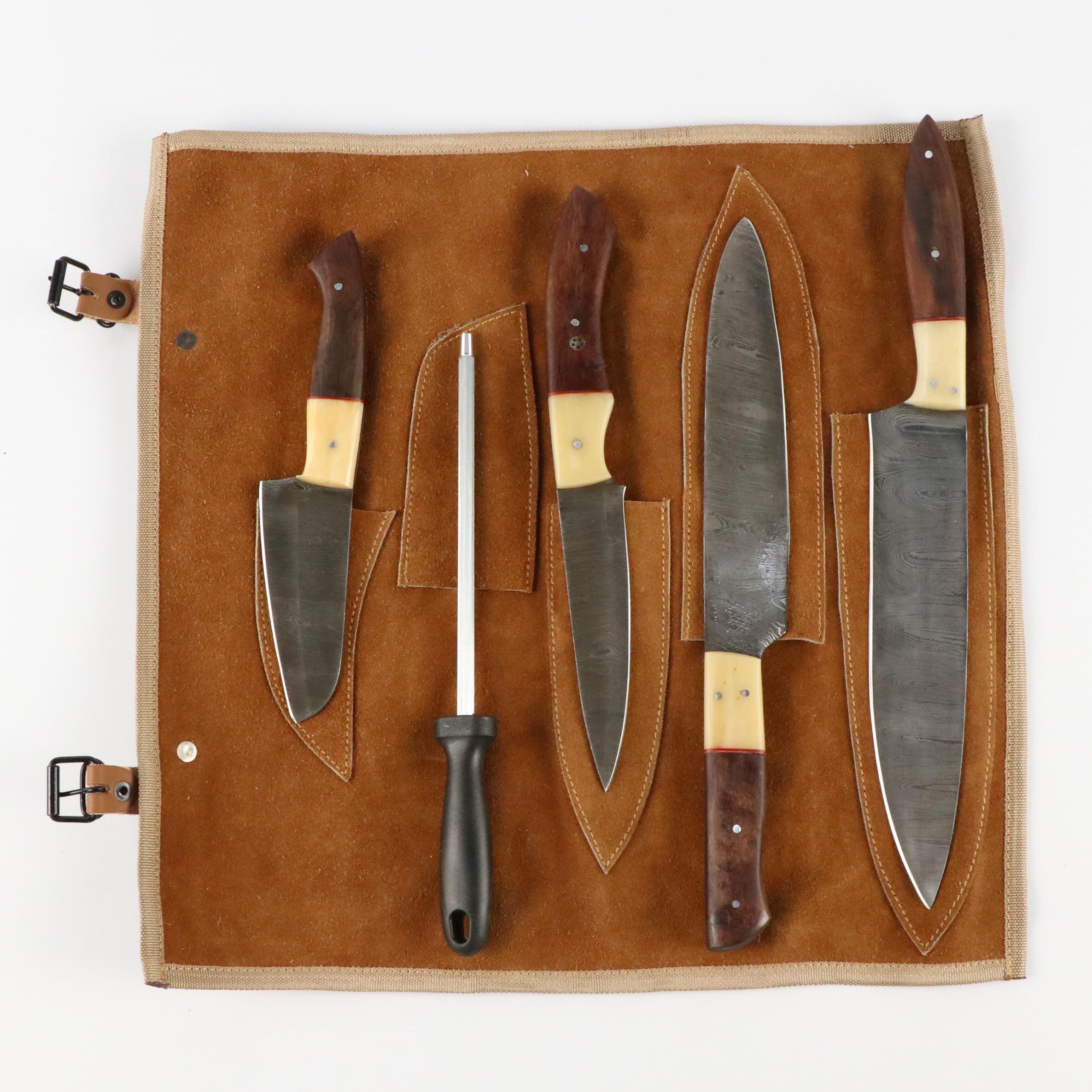 Damascus Steel and Wood and Bone Handled Chef's Knife Set in Knife Roll