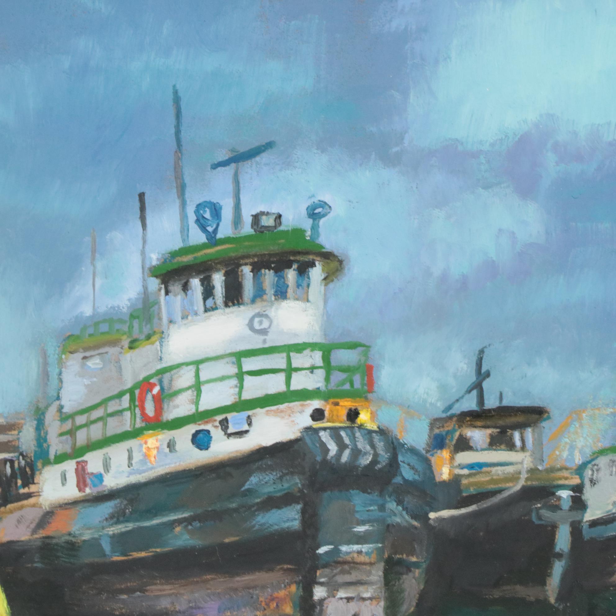 Natalia Demenko Landscape Oil Painting of Docked Boats