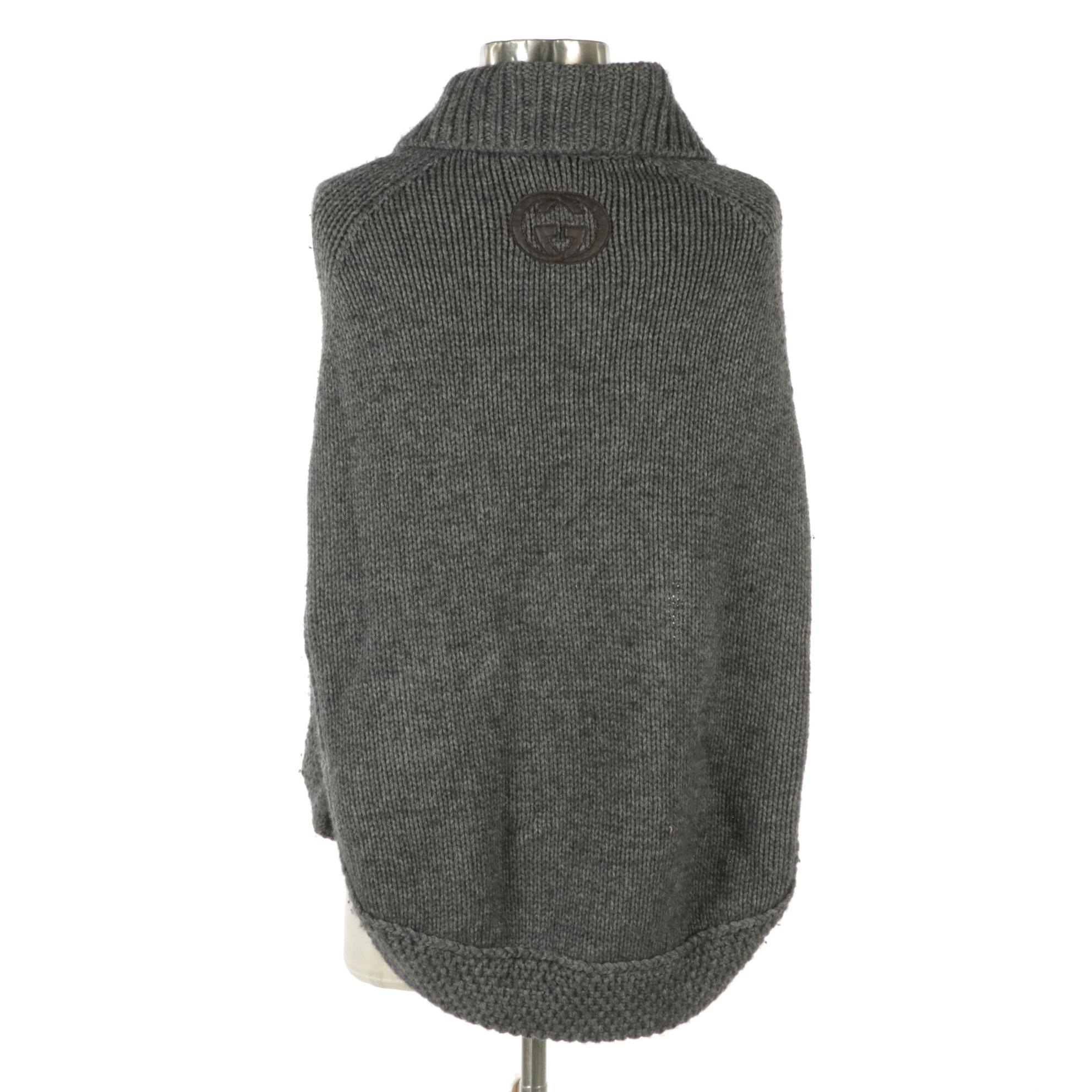 Gucci Grey Camel Knit Zip Poncho Cape with Lambskin GG Logo