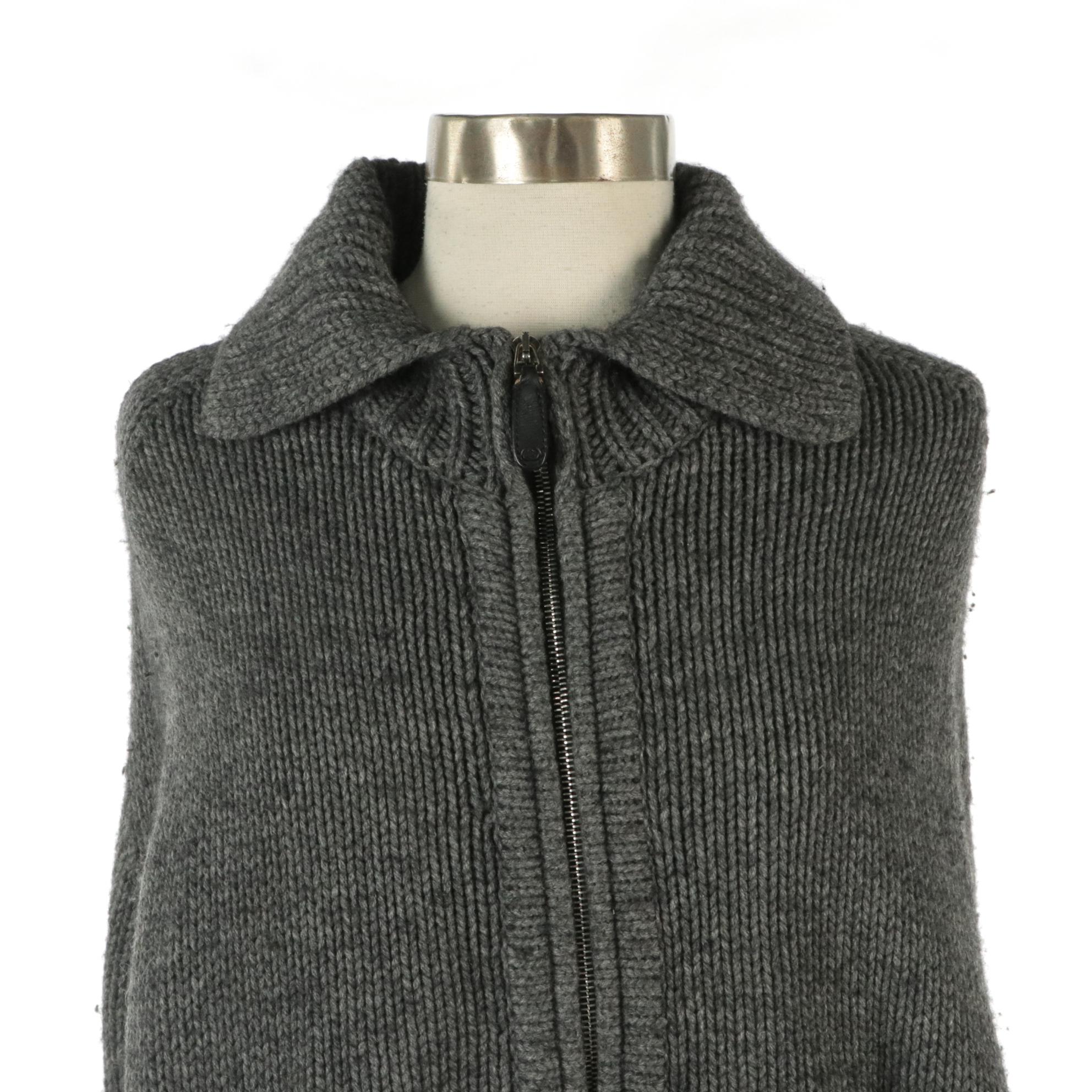 Gucci Grey Camel Knit Zip Poncho Cape with Lambskin GG Logo