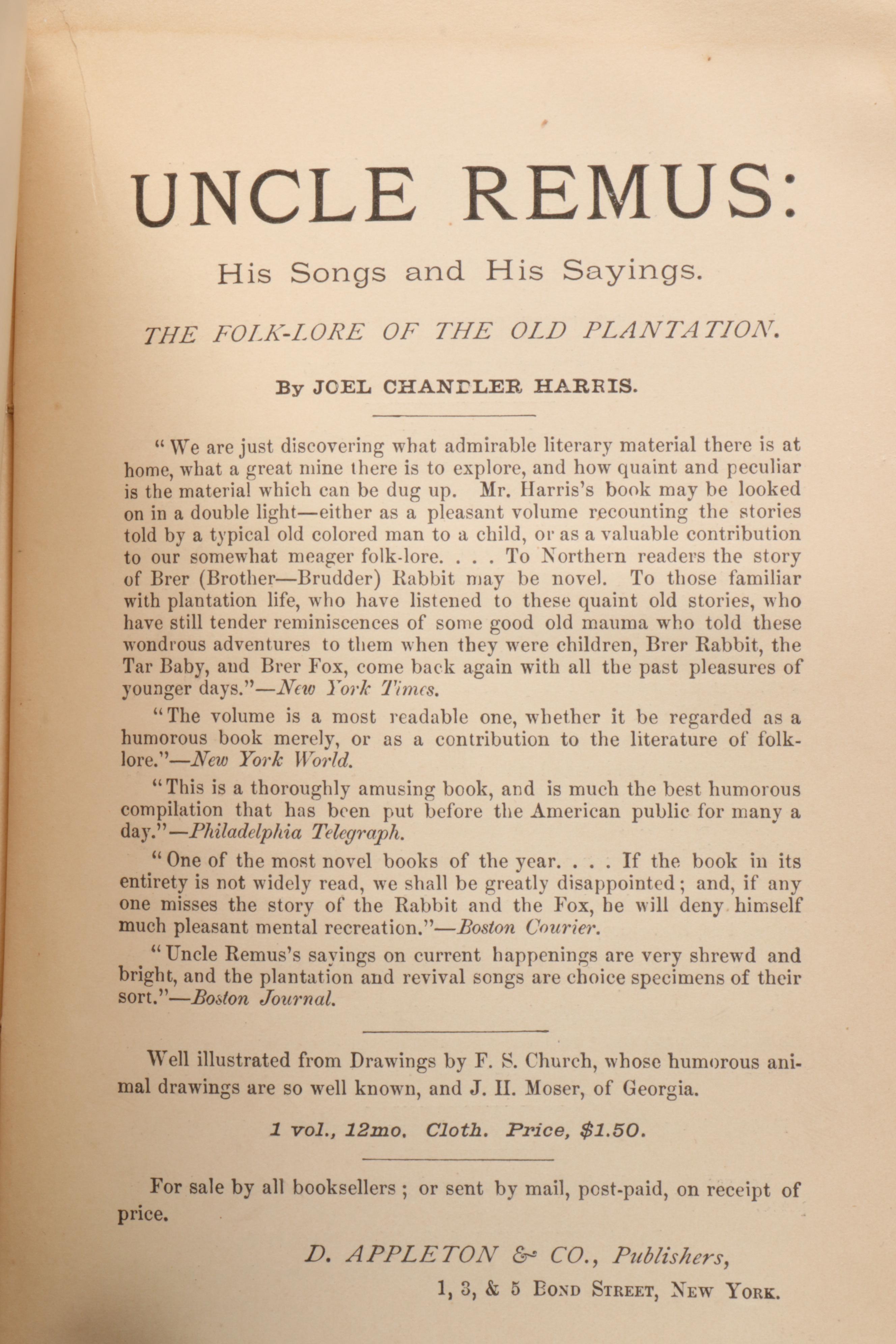 First Edition, Second Issue "Uncle Remus: His Songs and His Sayings" by Harris
