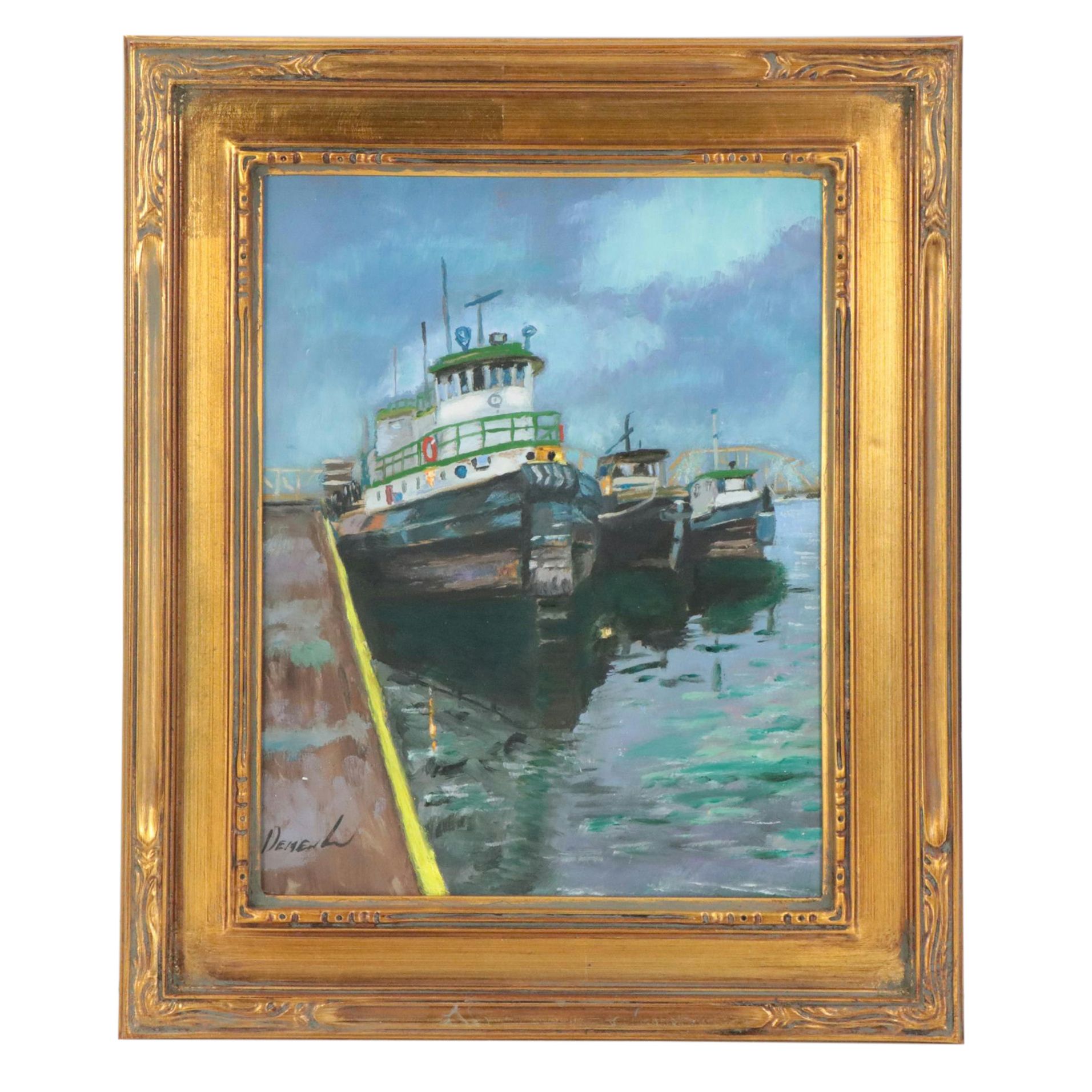 Natalia Demenko Landscape Oil Painting of Docked Boats