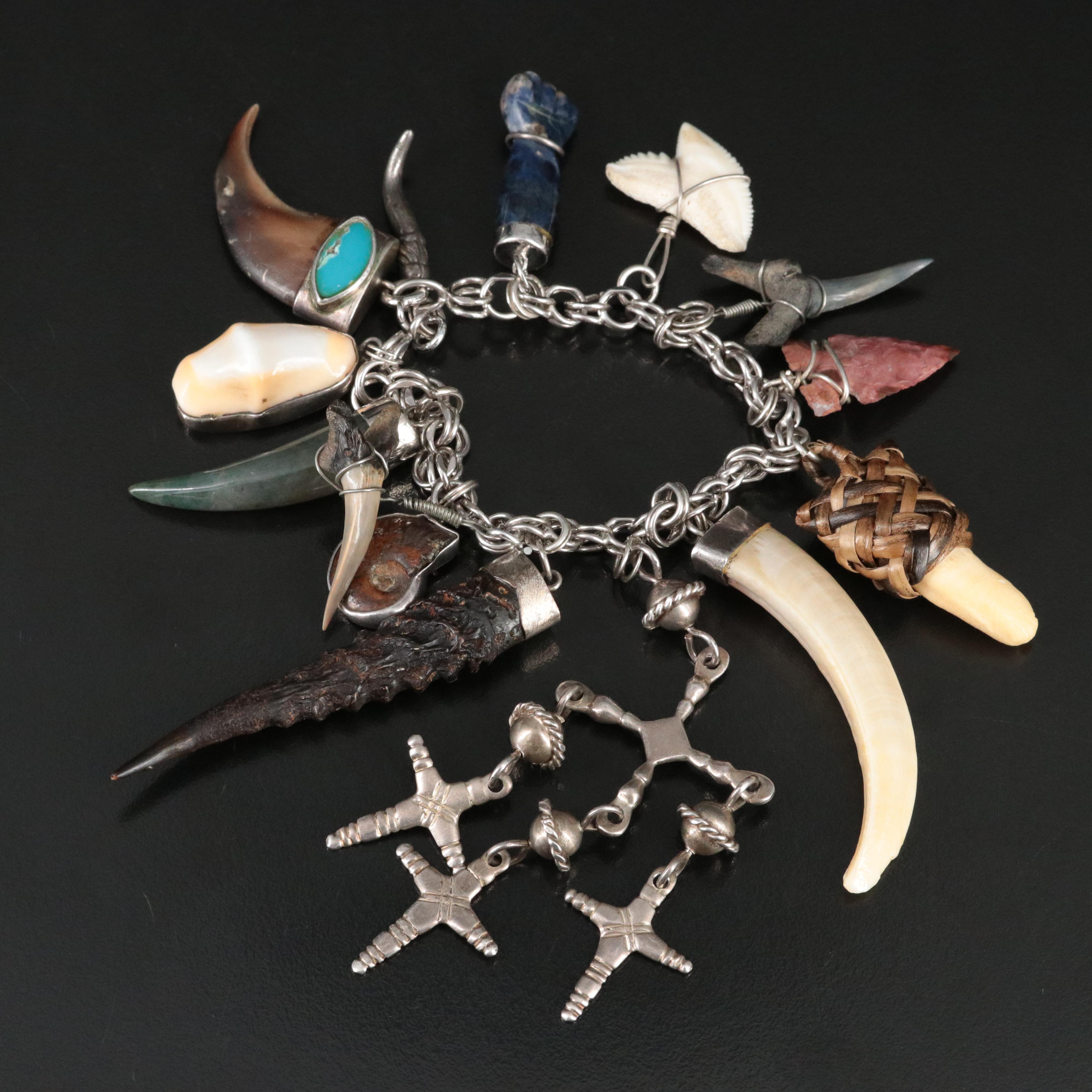 Sterling Charm Bracelet with Good Luck and Protection Amulets