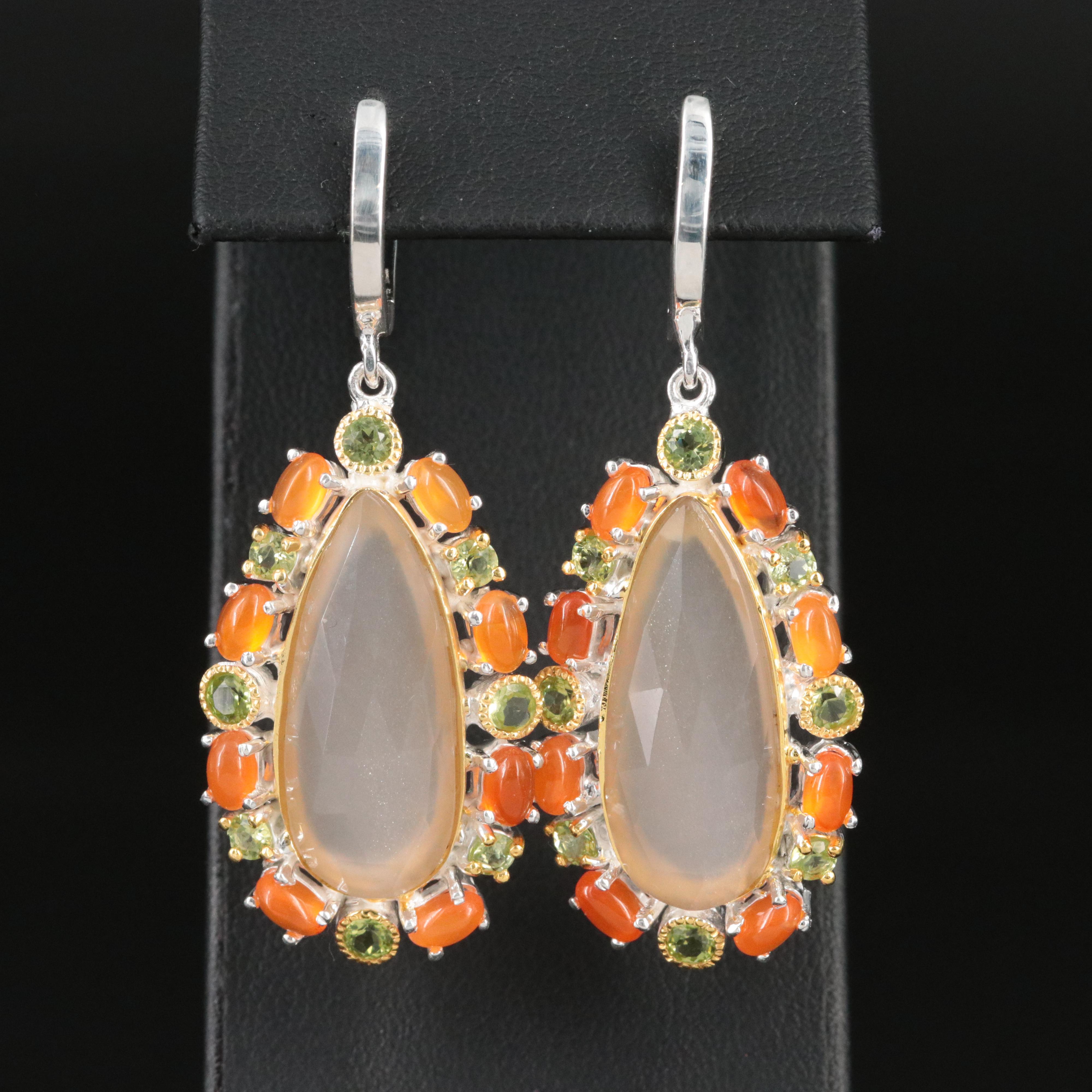 Sterling Sunstone, Fire Opal and Peridot Drop Earrings