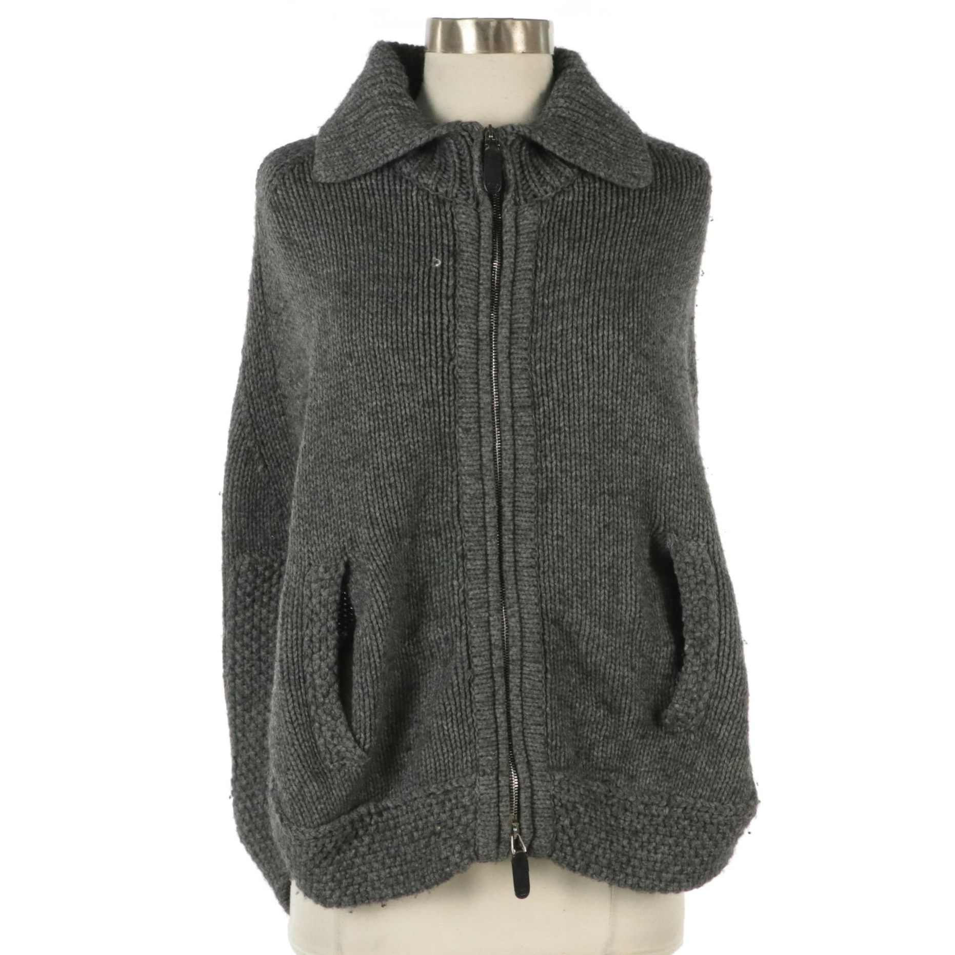 Gucci Grey Camel Knit Zip Poncho Cape with Lambskin GG Logo