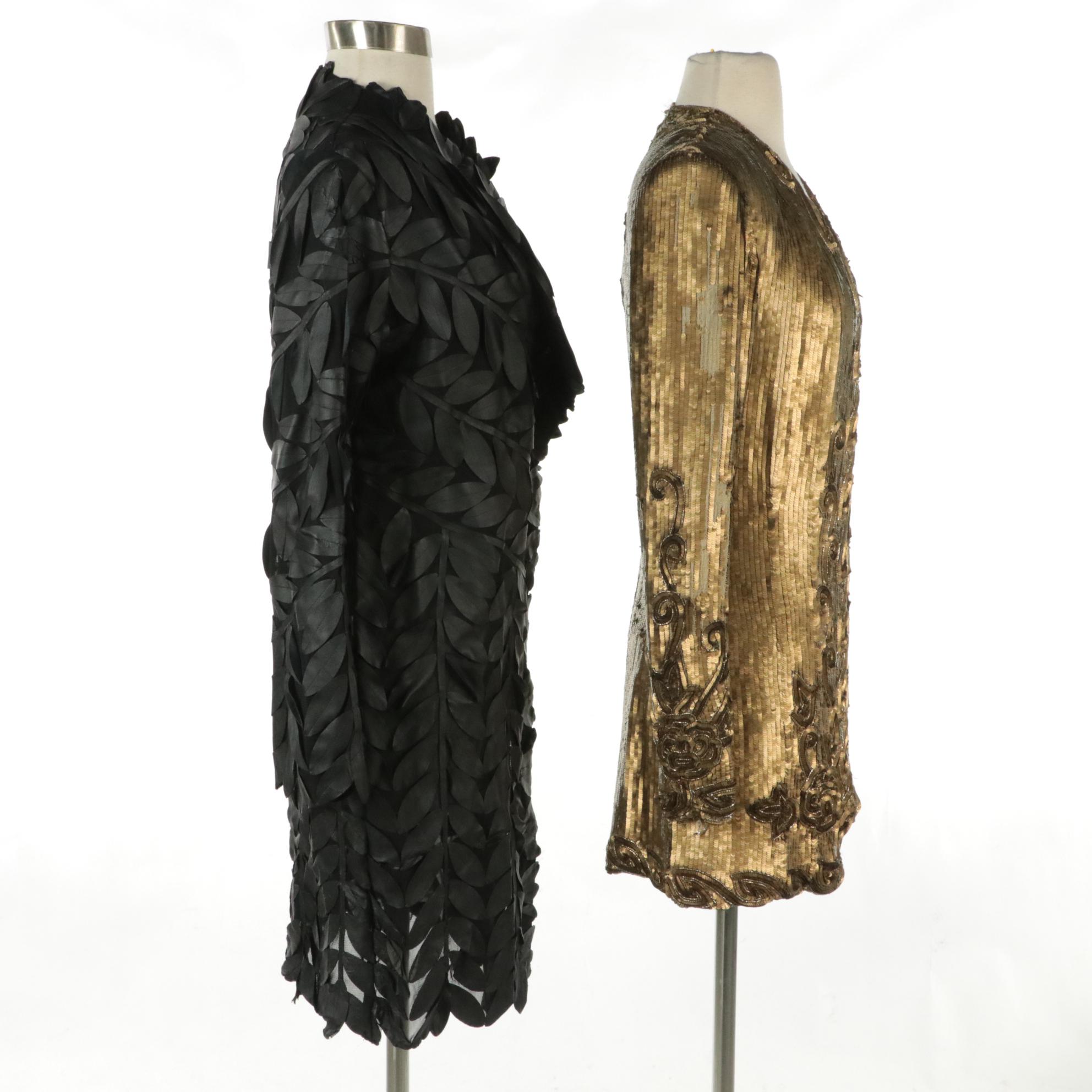 Joseph Ribkoff Sheer Leather Leaf Appliqué w/ Kamali Sequin & Beaded Zip Jackets