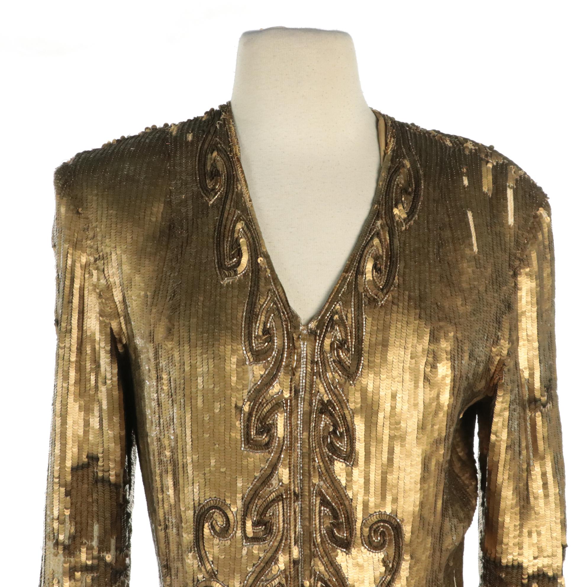 Joseph Ribkoff Sheer Leather Leaf Appliqué w/ Kamali Sequin & Beaded Zip Jackets