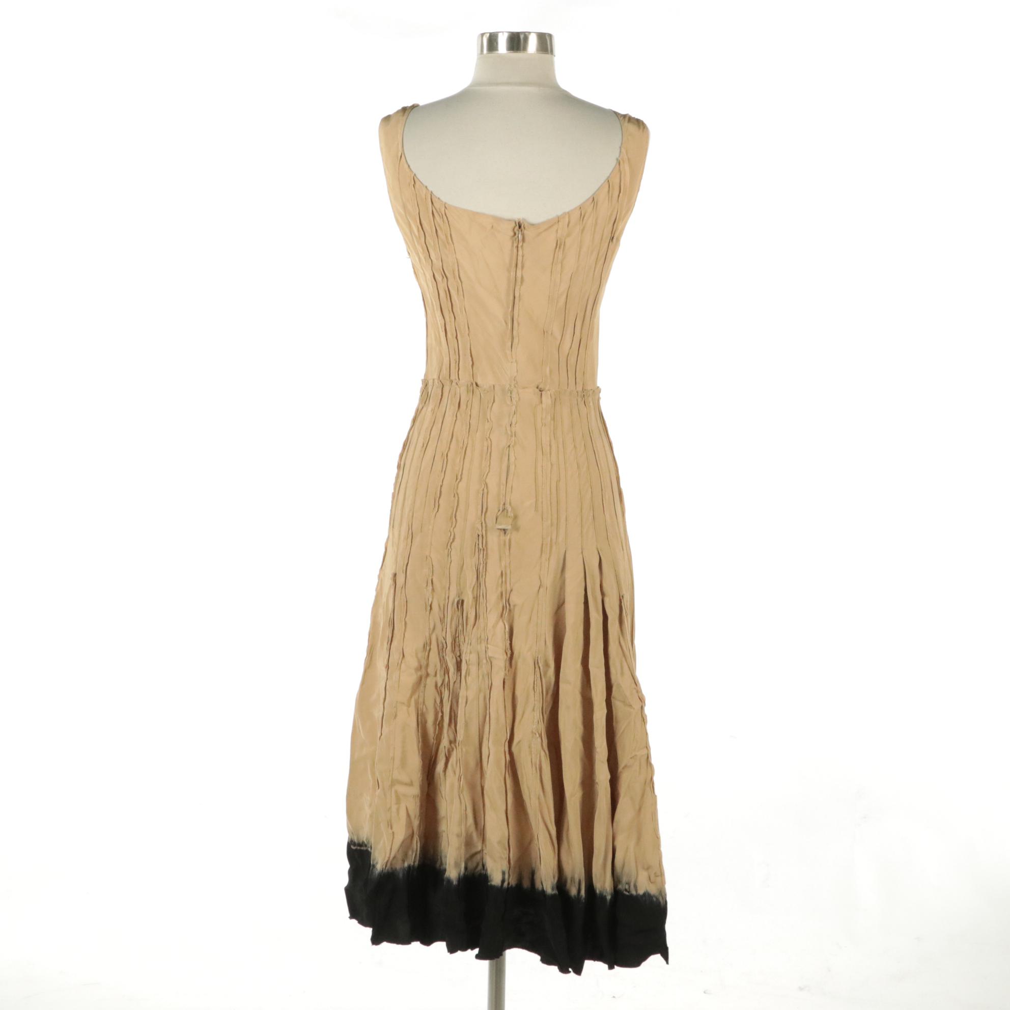Prada Sleeveless Dress in Light Tan with Black Tie Dye Hemline