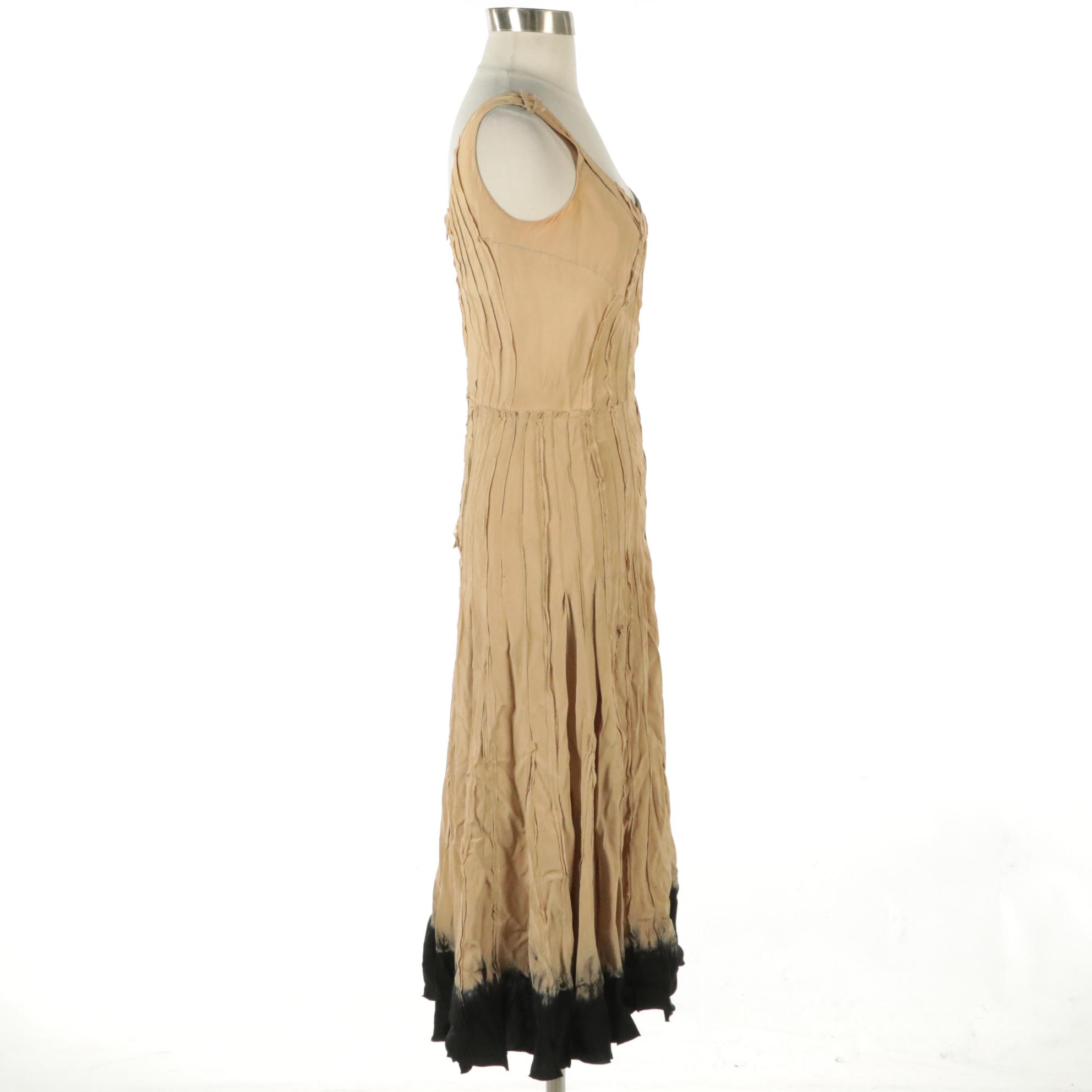 Prada Sleeveless Dress in Light Tan with Black Tie Dye Hemline