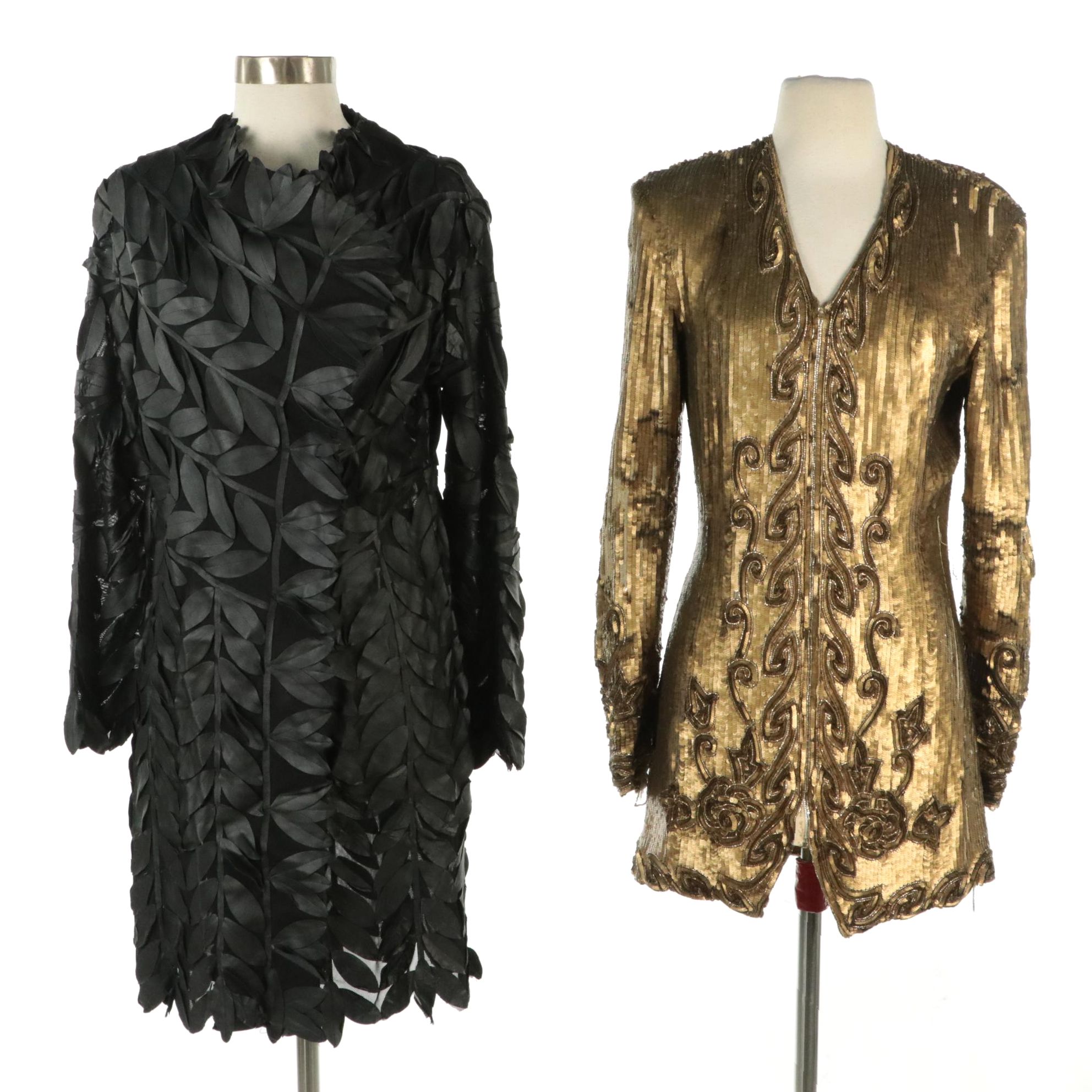 Joseph Ribkoff Sheer Leather Leaf Appliqué w/ Kamali Sequin & Beaded Zip Jackets